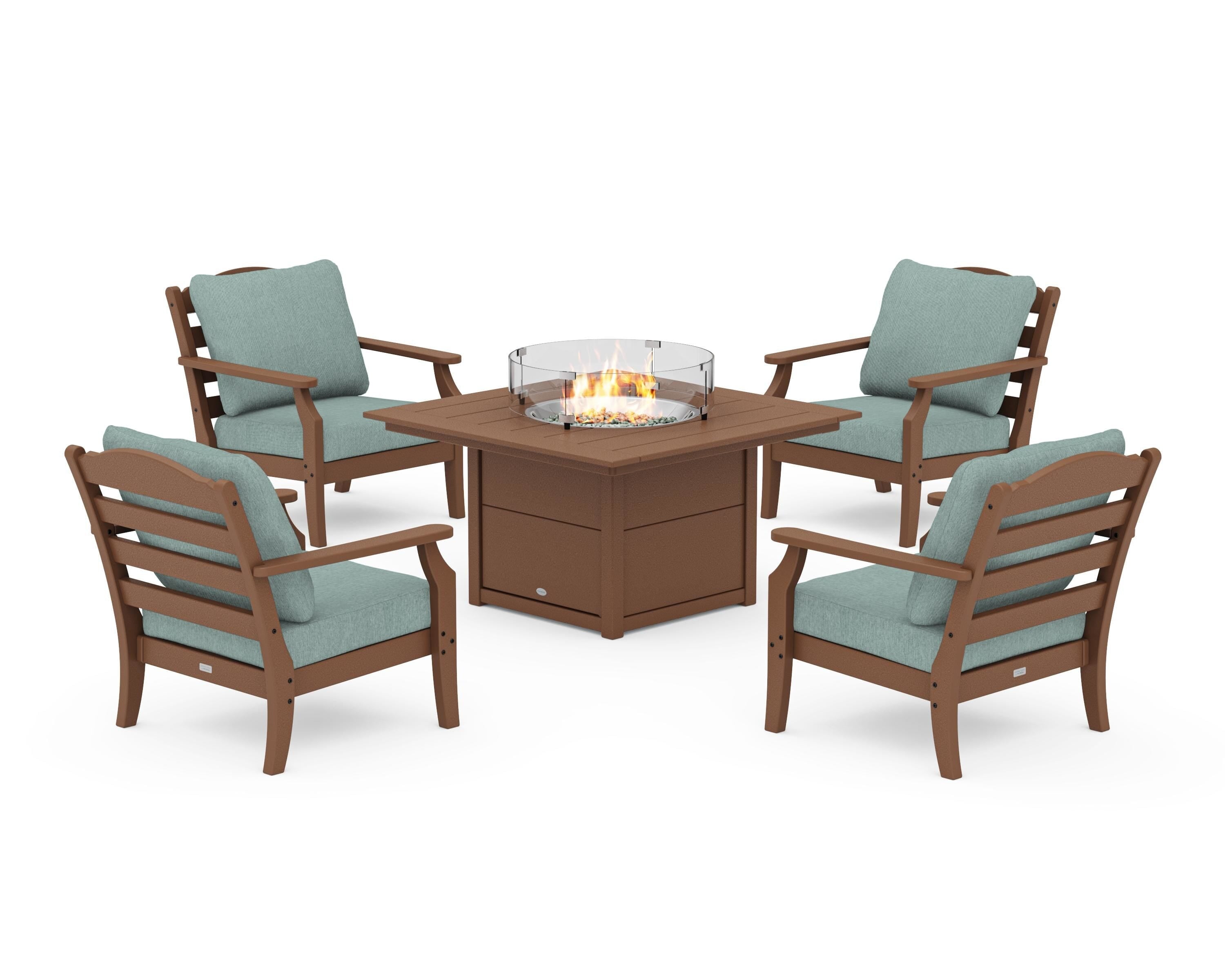 Draper James™ by POLYWOOD® Savannah 5-Piece Deep Seating Set with Fire Pit Table in Teak / Glacier Spa
