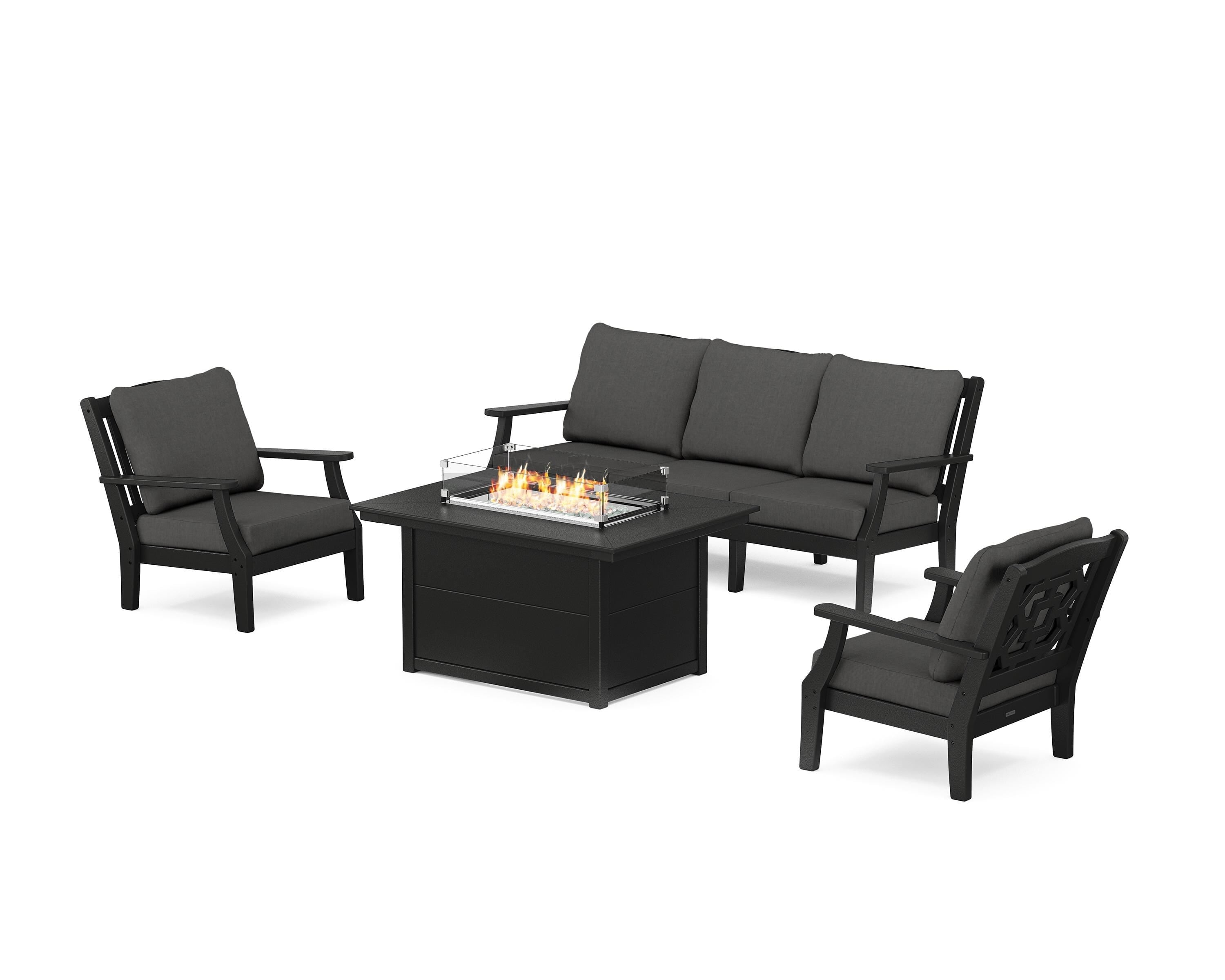 Martha Stewart by POLYWOOD® Chinoiserie Deep Seating Fire Pit Table Set in Black / Spectrum Carbon