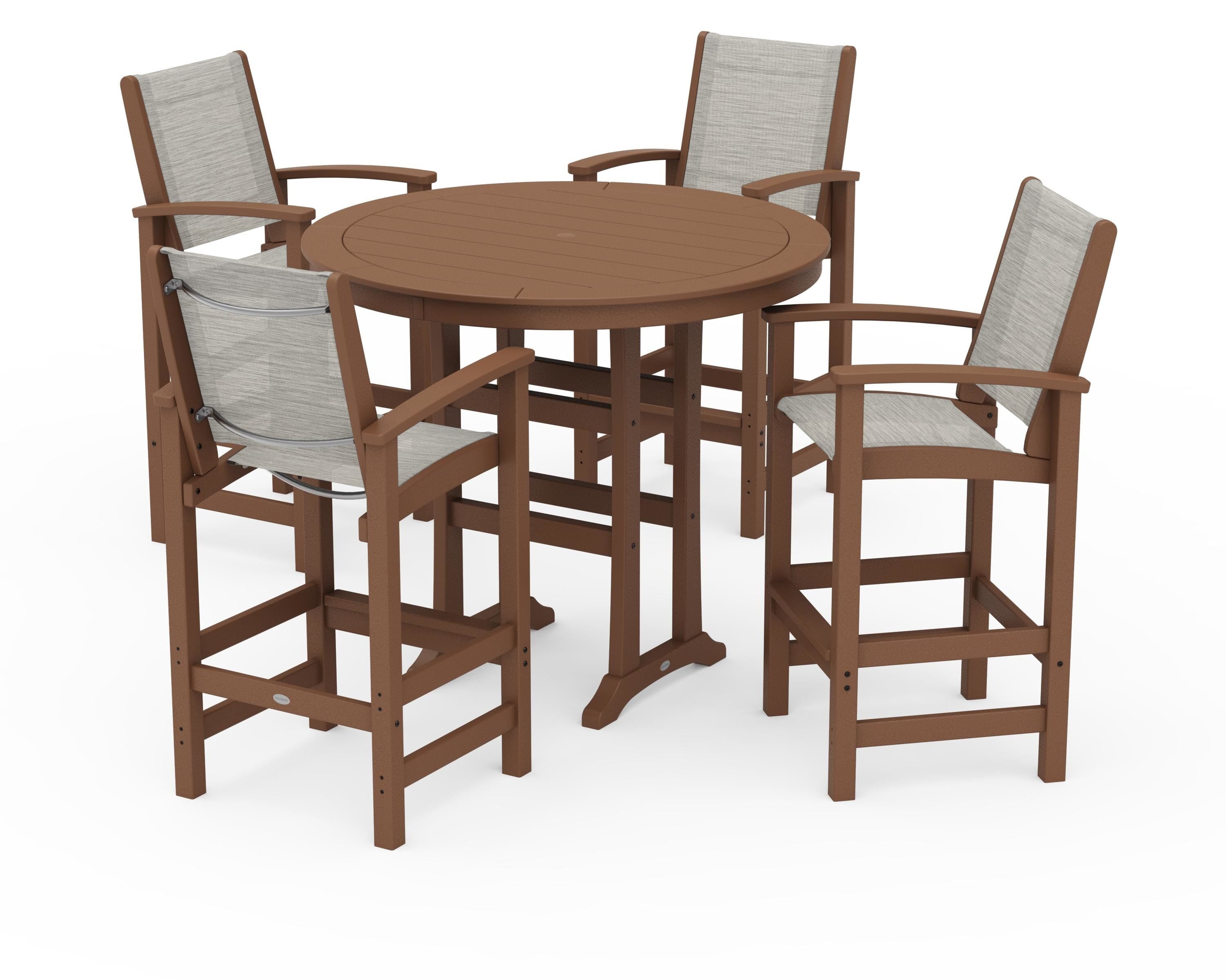 POLYWOOD® Coastal 5-Piece Nautical Trestle Bar Set in Teak / Birch Sling