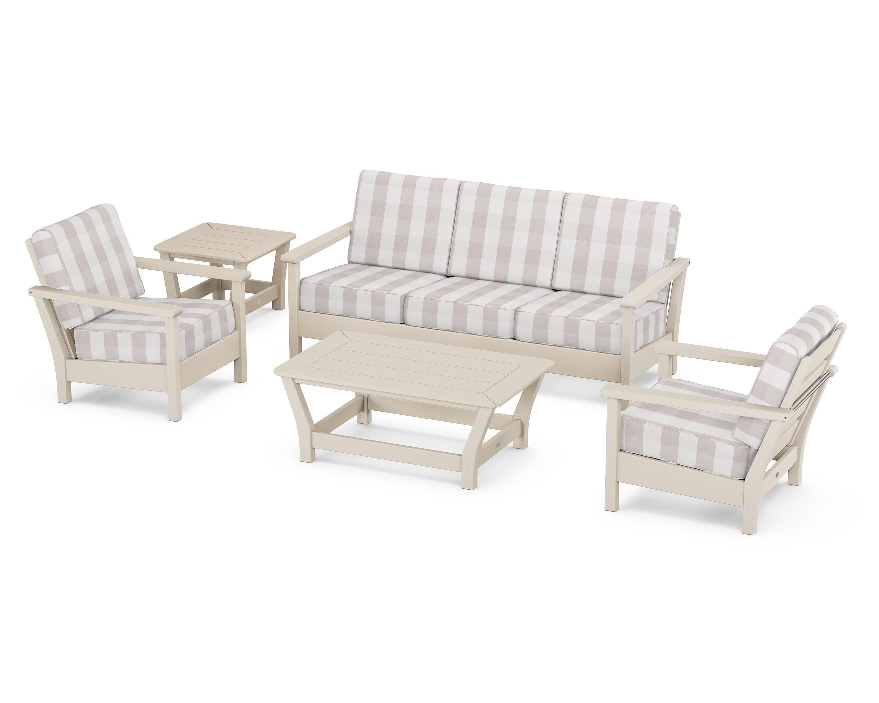 POLYWOOD® Harbour 5-Piece Deep Seating Set in Sand / Buffalo Plaid Dune Burlap