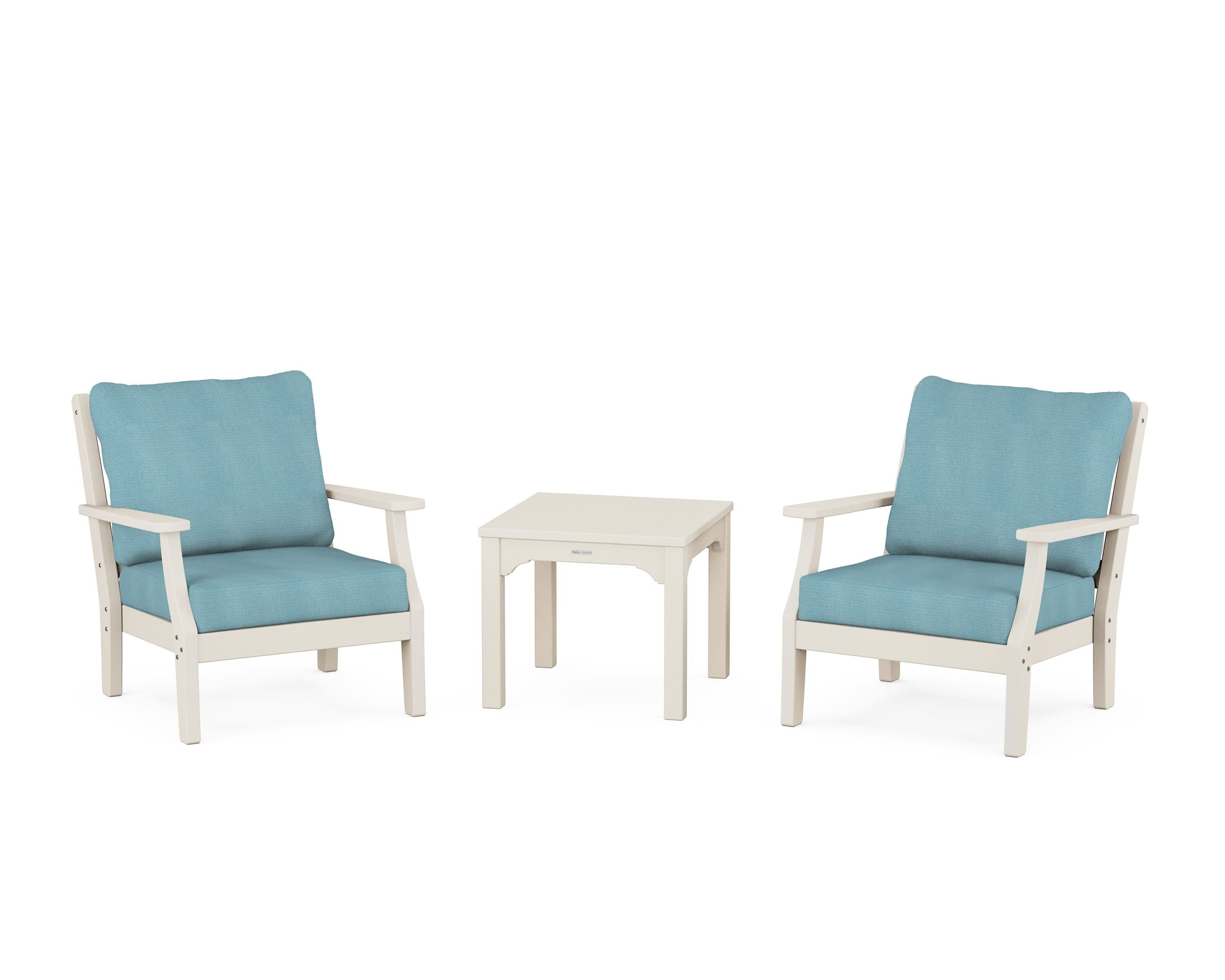 Martha Stewart by POLYWOOD® Chinoiserie 3-Piece Deep Seating Set in Sand / Lattice Sky Blue