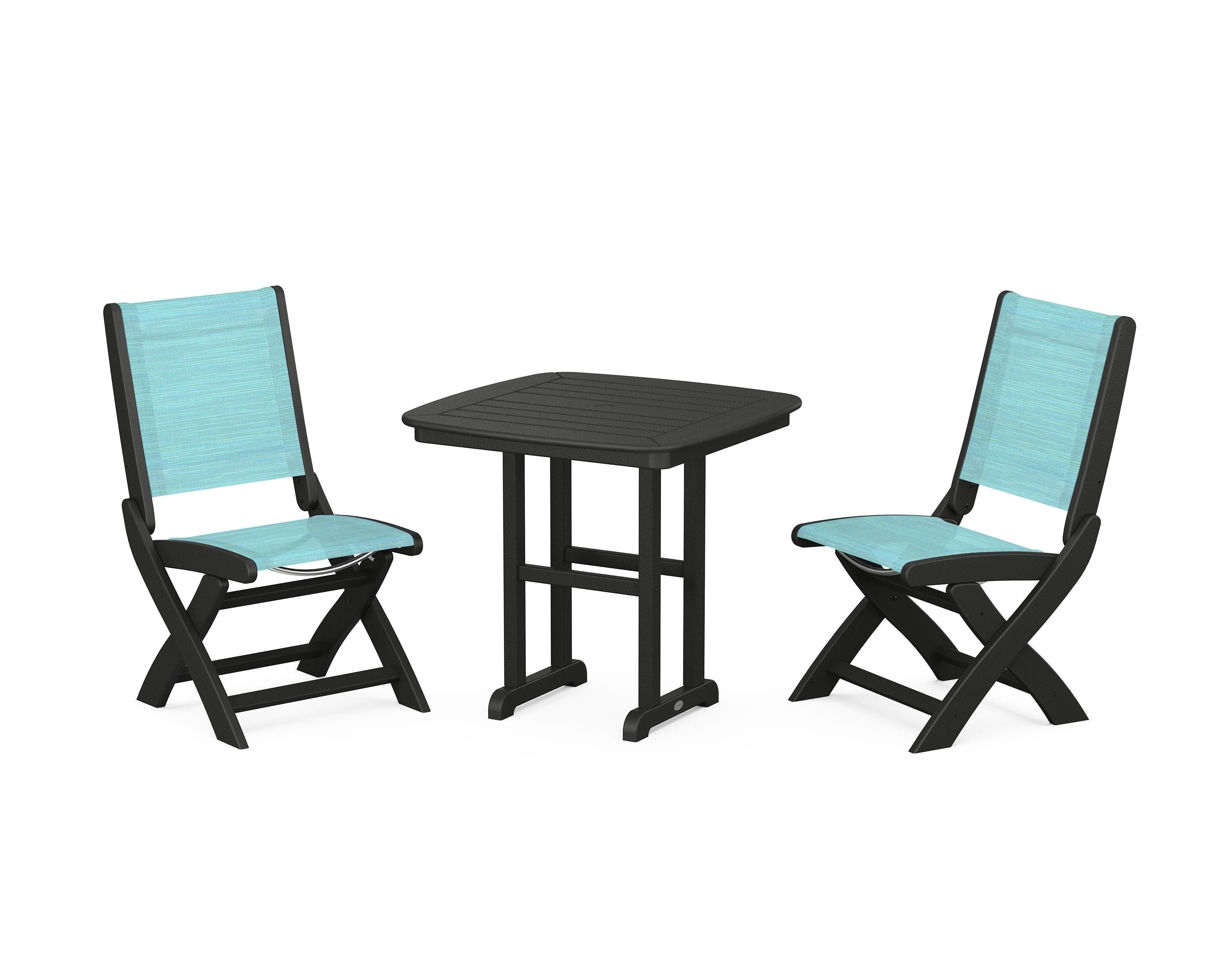 POLYWOOD® Coastal Folding Side Chair 3-Piece Dining Set in Black / Dupioni Aquamarine Sling