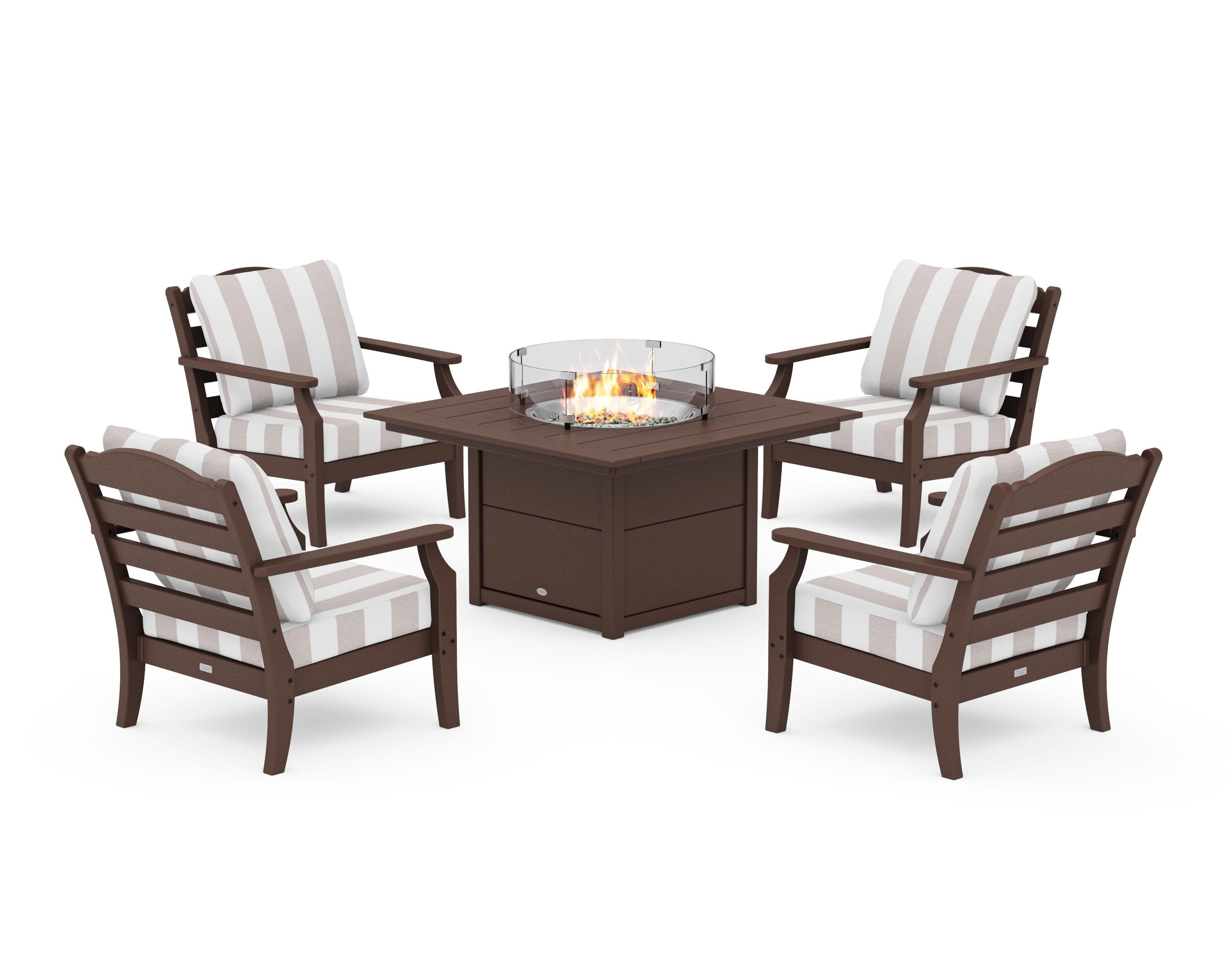 Draper James™ by POLYWOOD® Savannah 5-Piece Deep Seating Set with Fire Pit Table in Mahogany / Cabana Stripe Dune Burlap