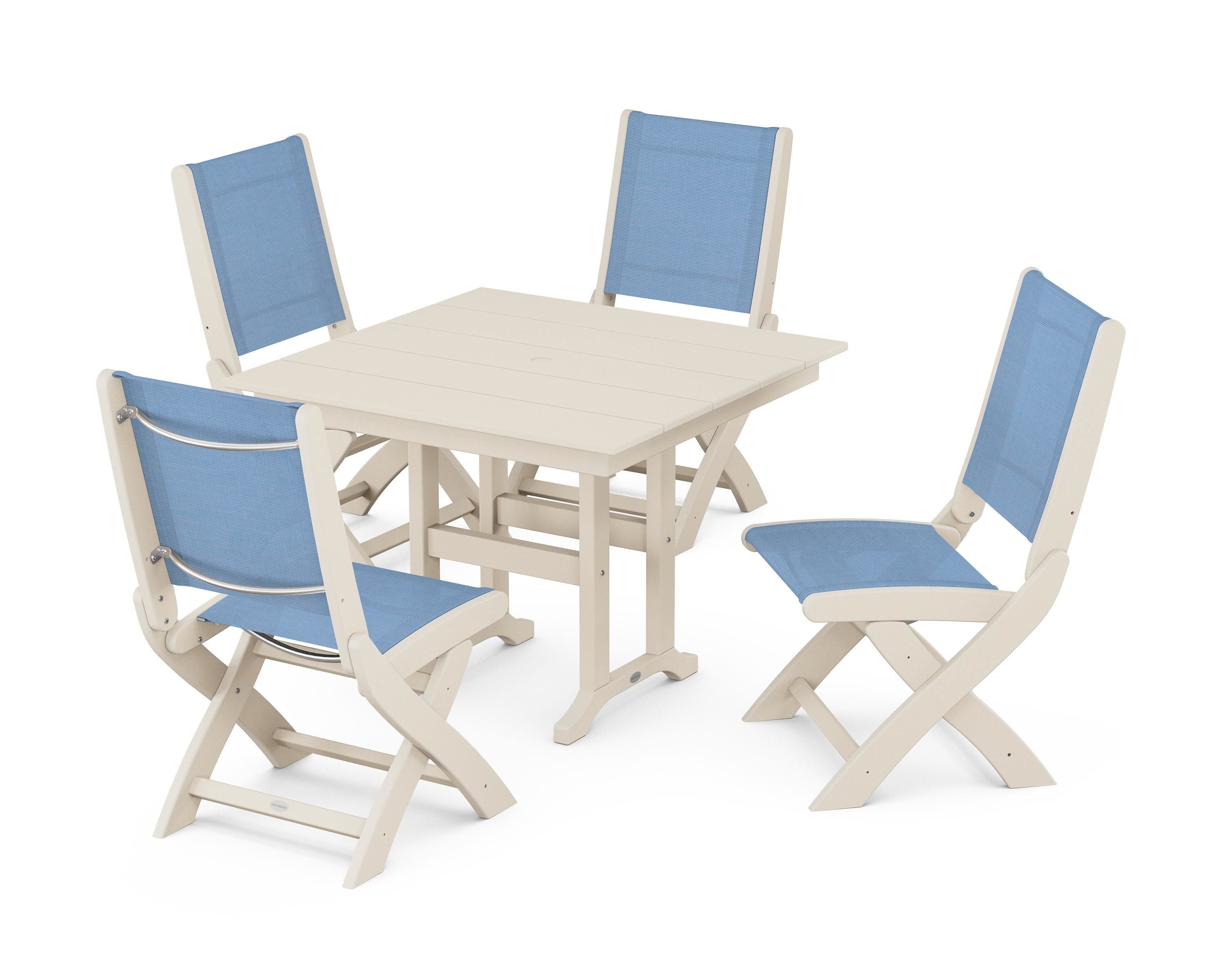 POLYWOOD® Coastal Folding Side Chair 5-Piece Farmhouse Dining Set in Sand / Poolside Sling