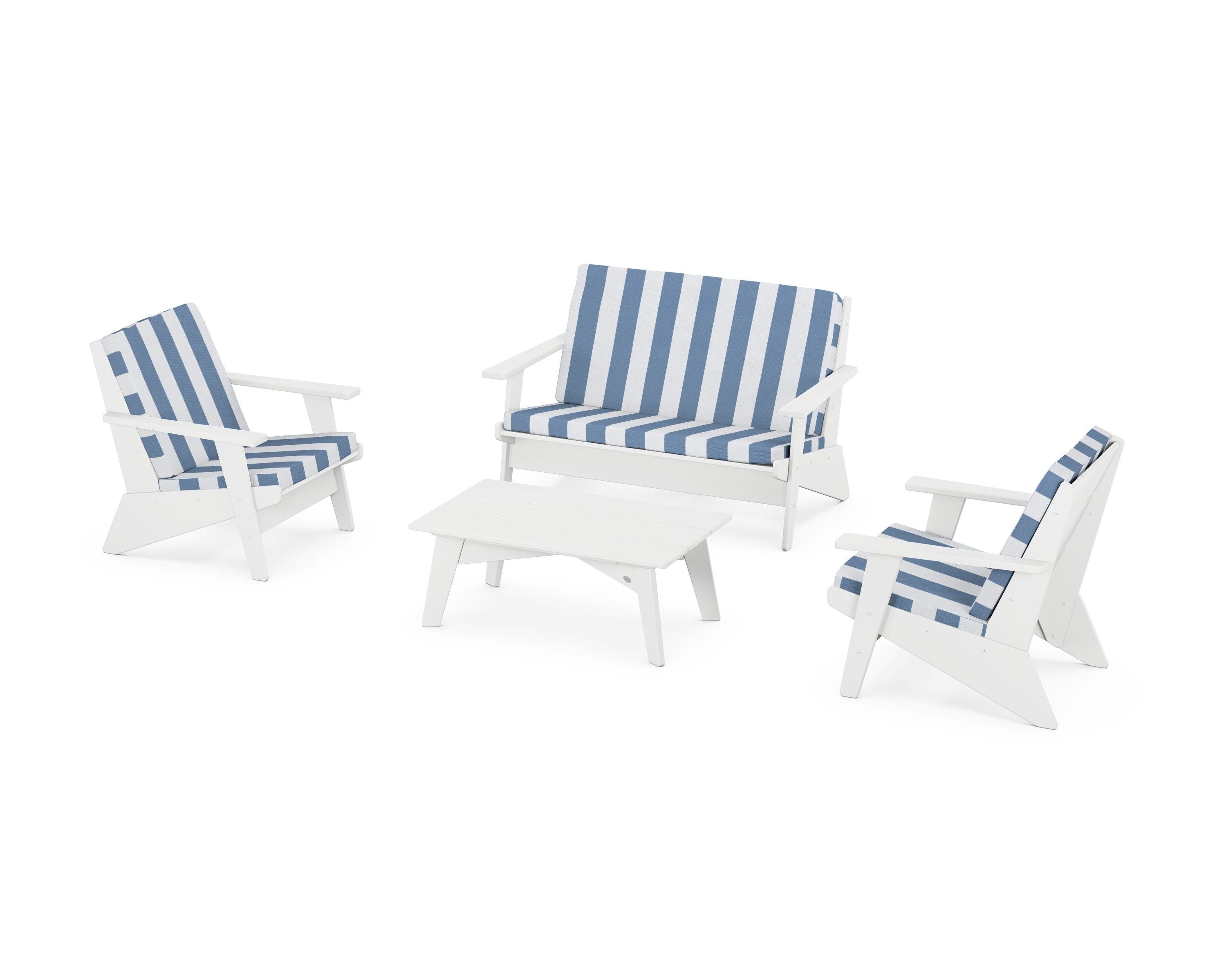 POLYWOOD® Riviera Modern Lounge 4-Piece Set in White / Cabana Stripe Sky Blue