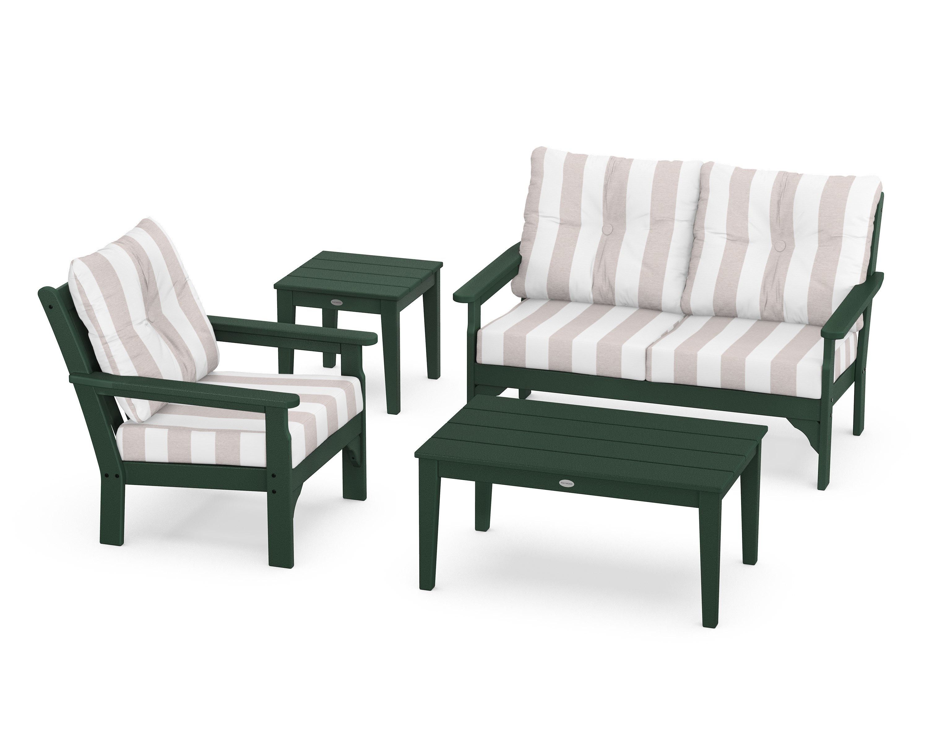 POLYWOOD® Vineyard 4-Piece Deep Seating Set in Green / Cabana Stripe Dune Burlap