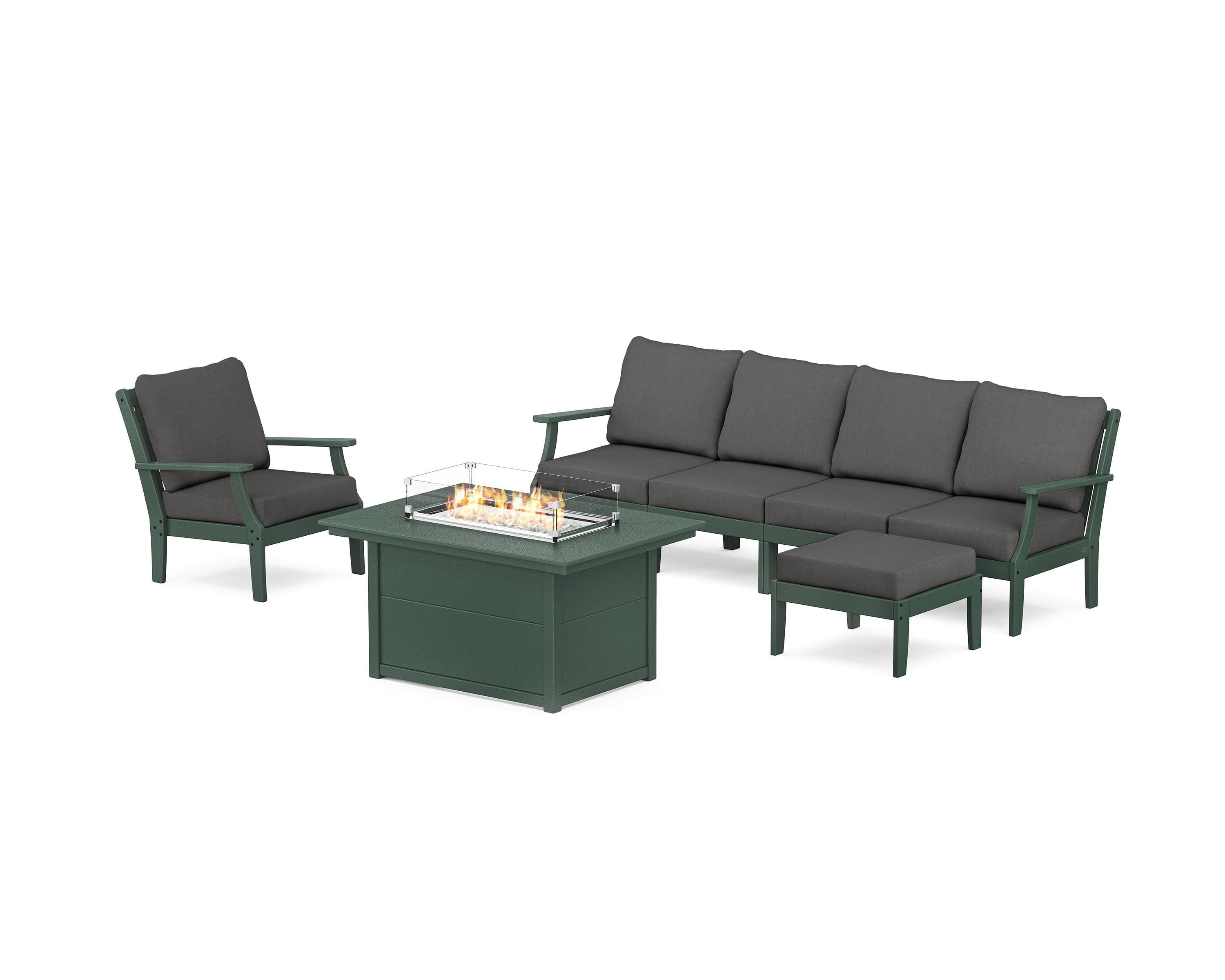 POLYWOOD® Braxton Sectional Lounge and Fire Pit Set in Green / Spectrum Carbon