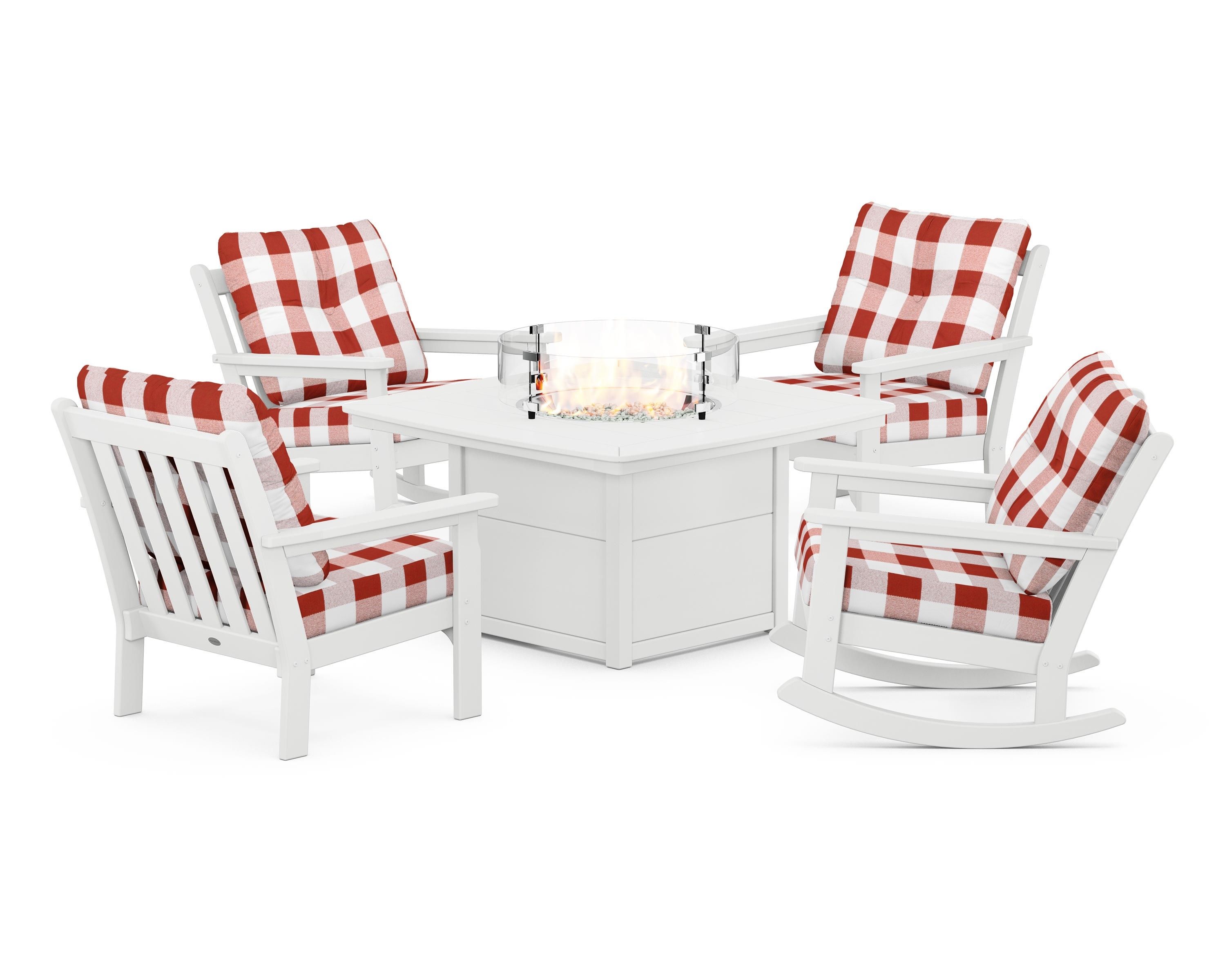 POLYWOOD® Vineyard 5-Piece Deep Seating Rocking Chair Conversation Set with Fire Pit Table in White / Buffalo Plaid Crimson