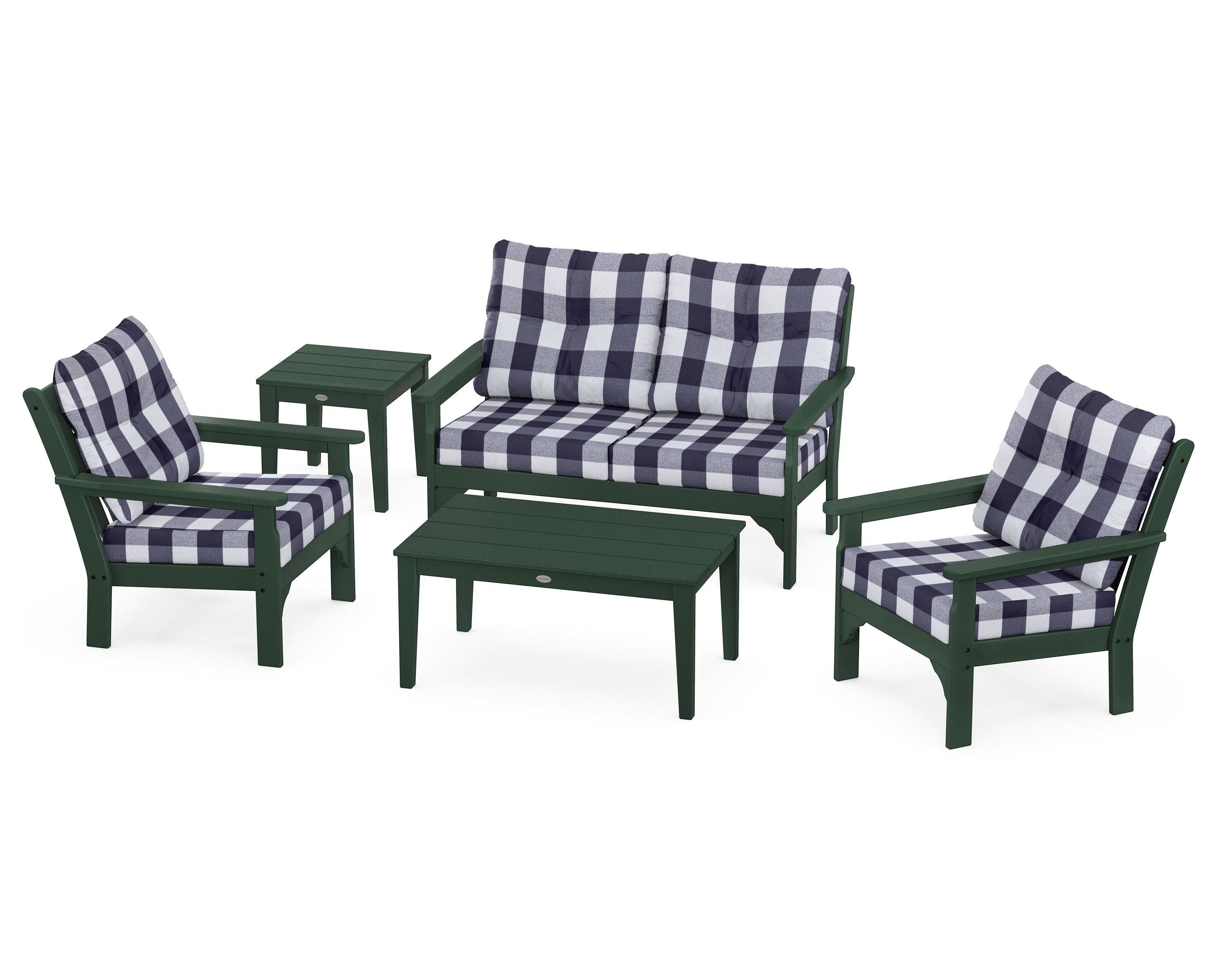 POLYWOOD® Vineyard 5-Piece Deep Seating Set in Green / Buffalo Plaid Navy