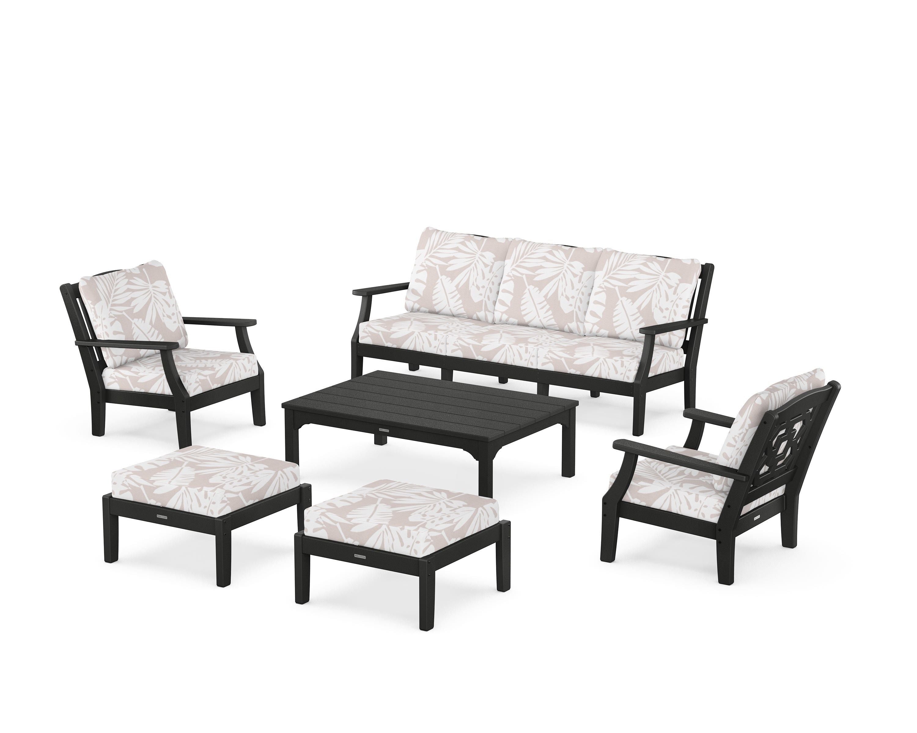 Martha Stewart by POLYWOOD® Chinoiserie 6-Piece Lounge Sofa Set in Black / Leaf Dune Burlap