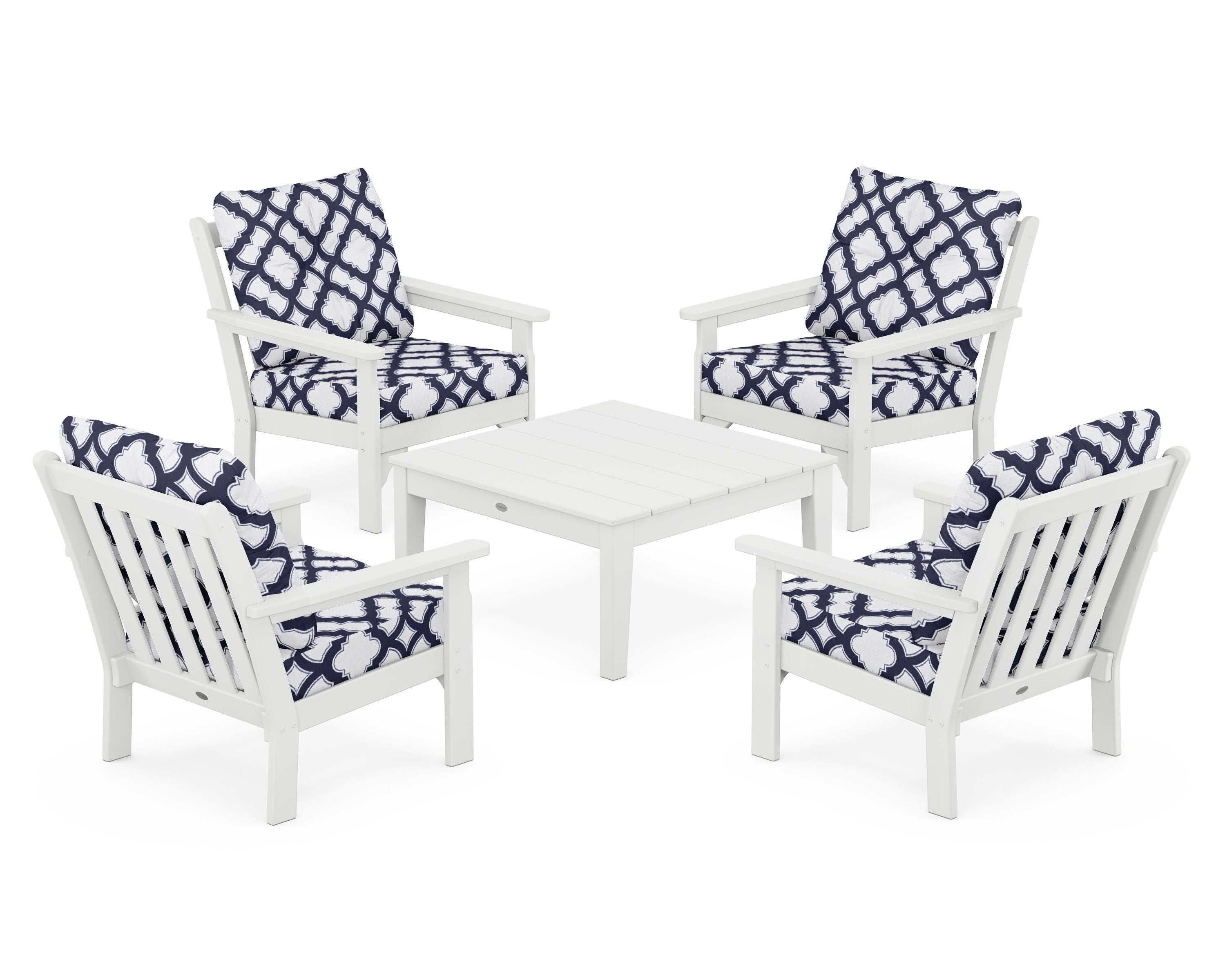 POLYWOOD® Vineyard 5-Piece Deep Seating Conversation Set in White / Trellis Navy