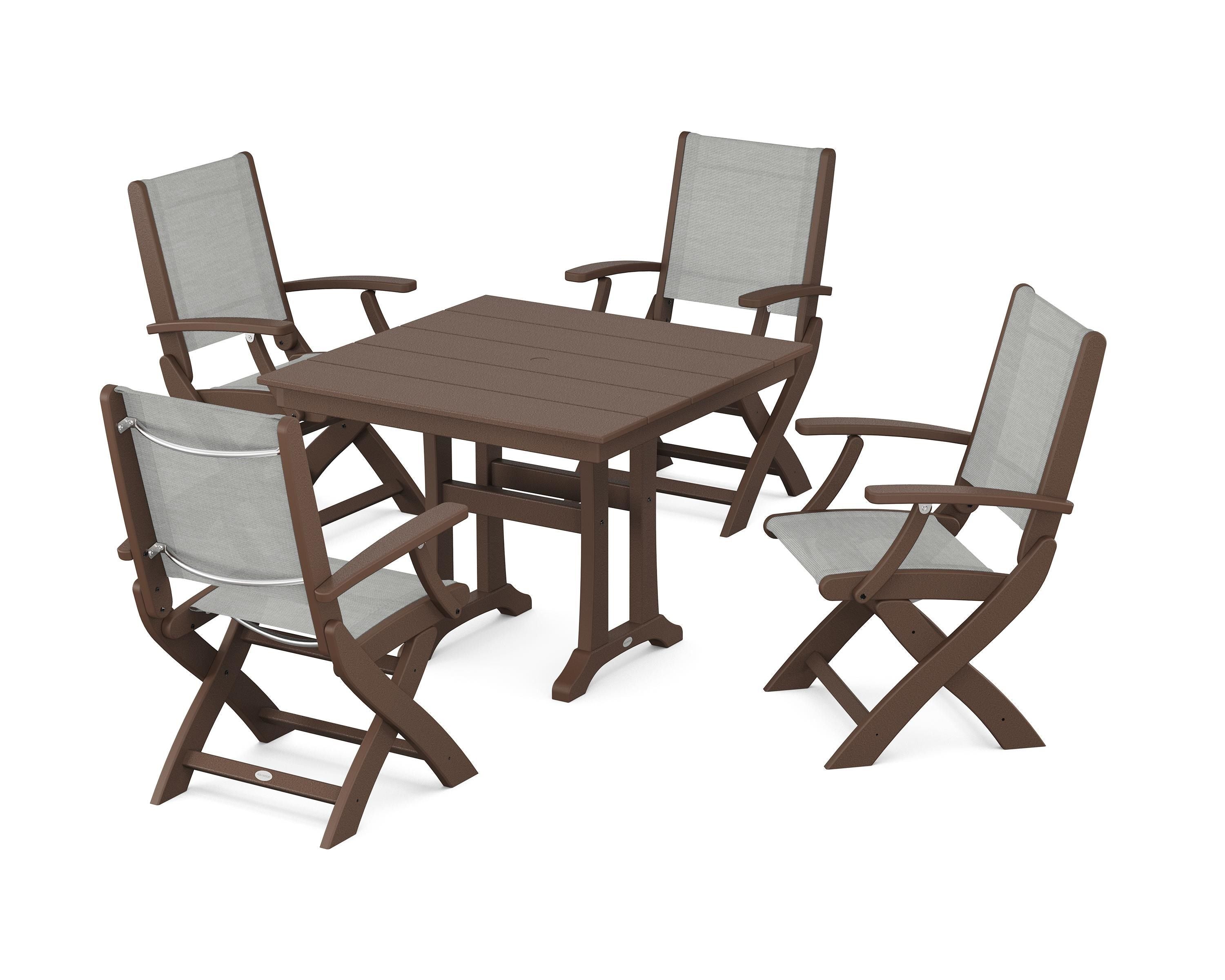POLYWOOD® Coastal Folding Chair 5-Piece Farmhouse Dining Set With Trestle Legs in Mahogany / Metallic Sling