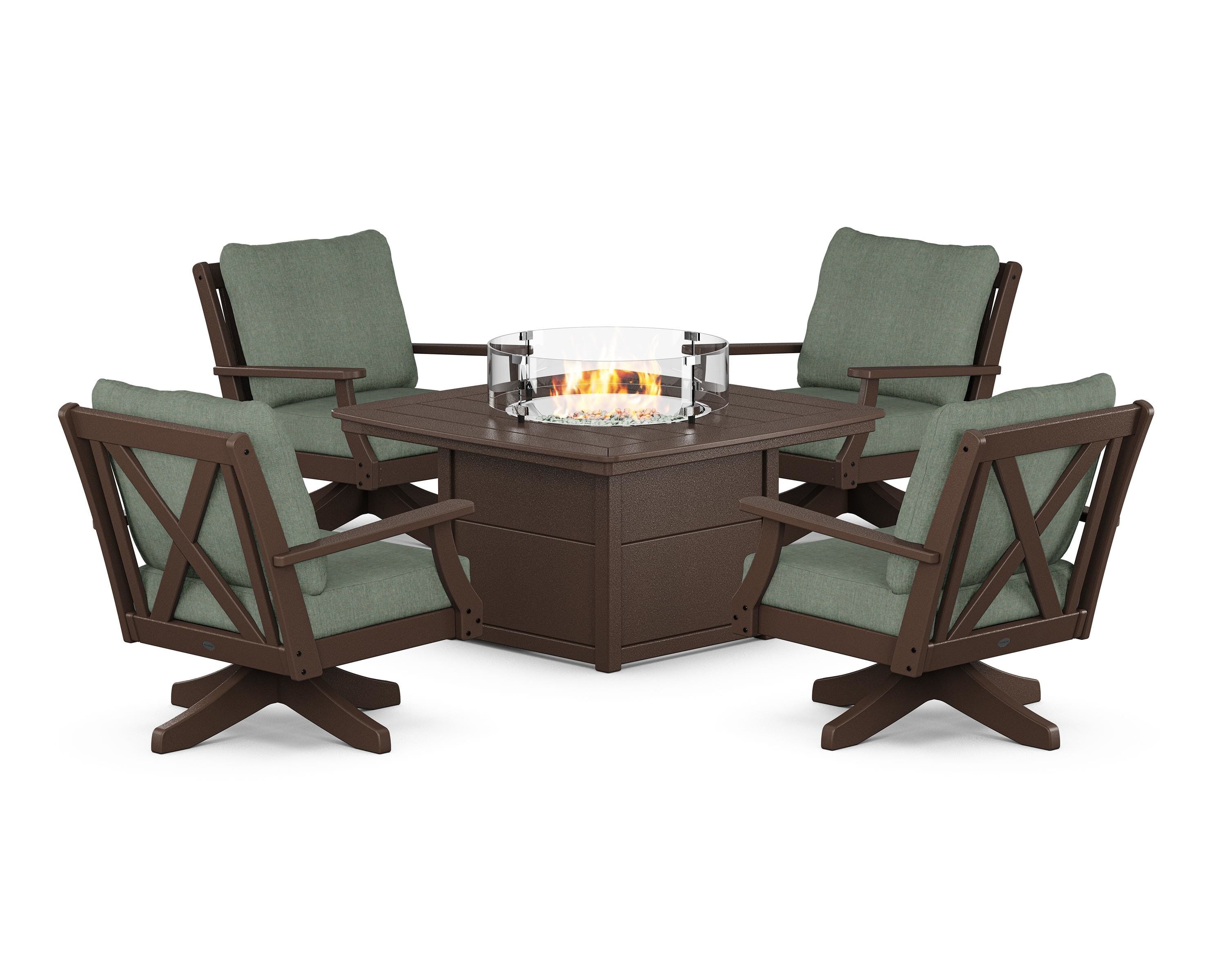 POLYWOOD® Braxton 5-Piece Deep Seating Swivel Conversation Set with Fire Pit Table in Mahogany / Cast Sage