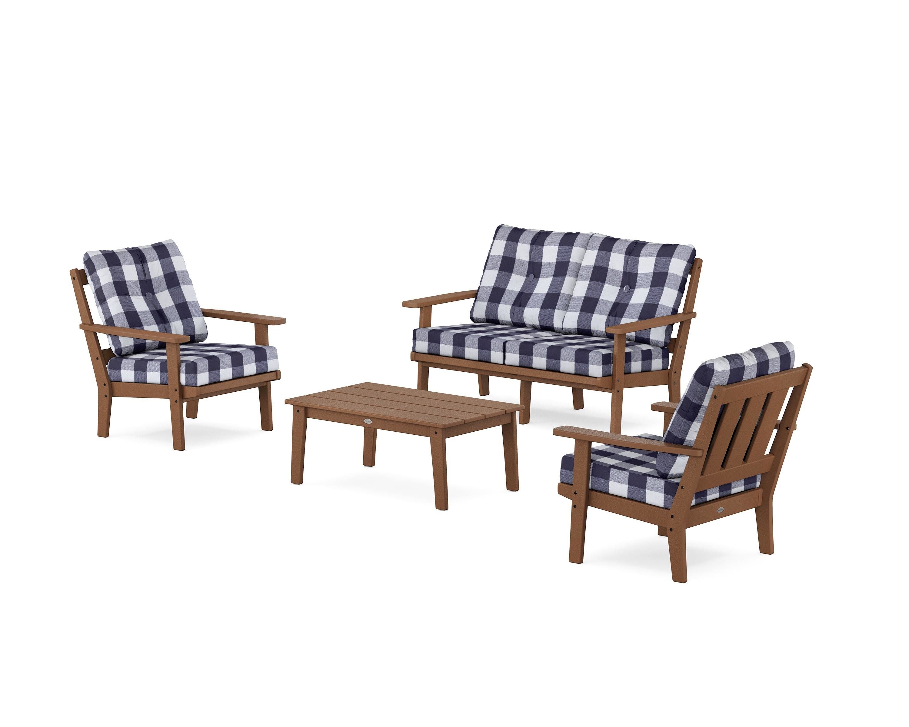 POLYWOOD® Oxford 4-Piece Deep Seating Set with Loveseat in Teak / Buffalo Plaid Navy
