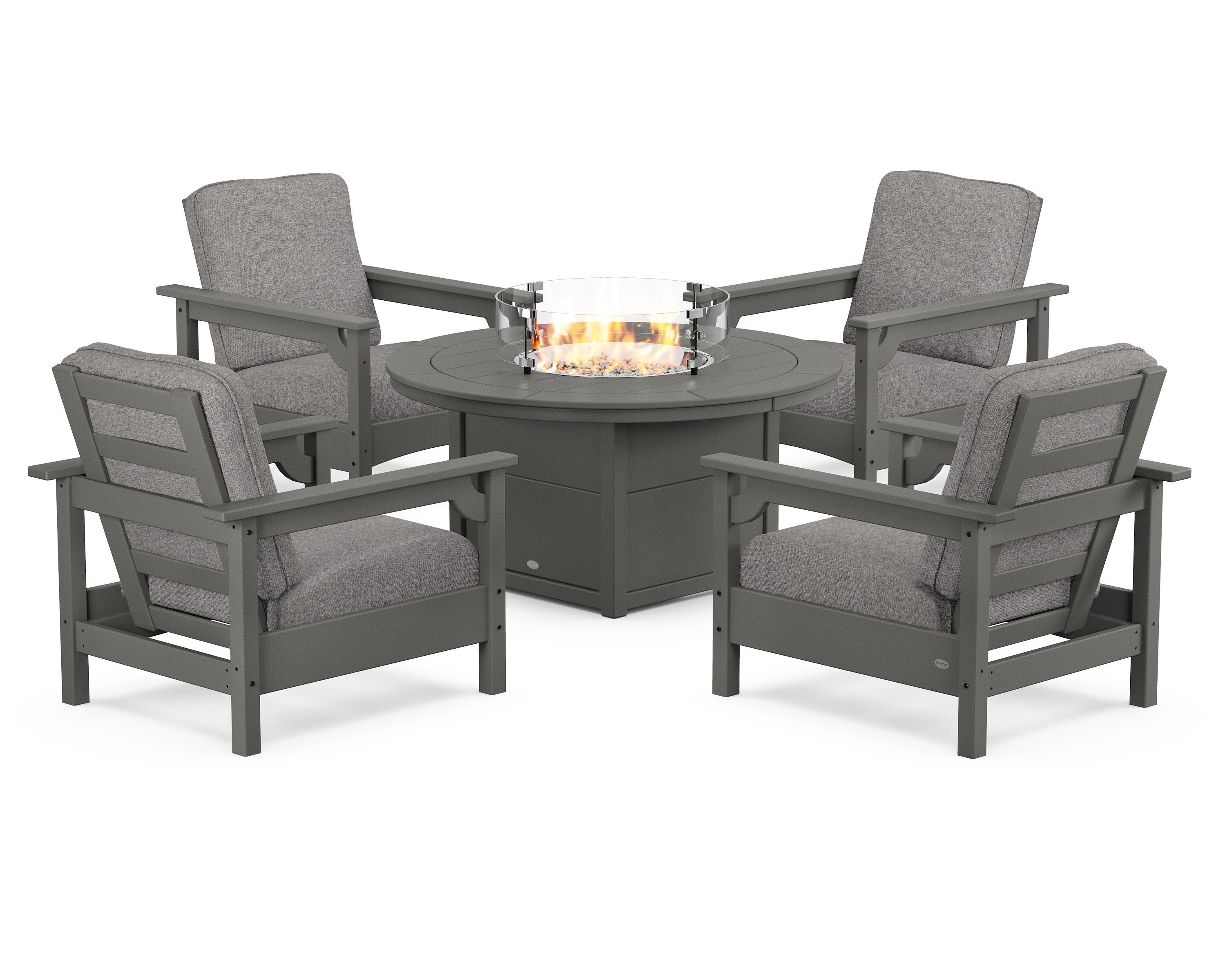 POLYWOOD® Club 5-Piece Conversation Set with Fire Pit Table in Slate Grey / Grey Mist