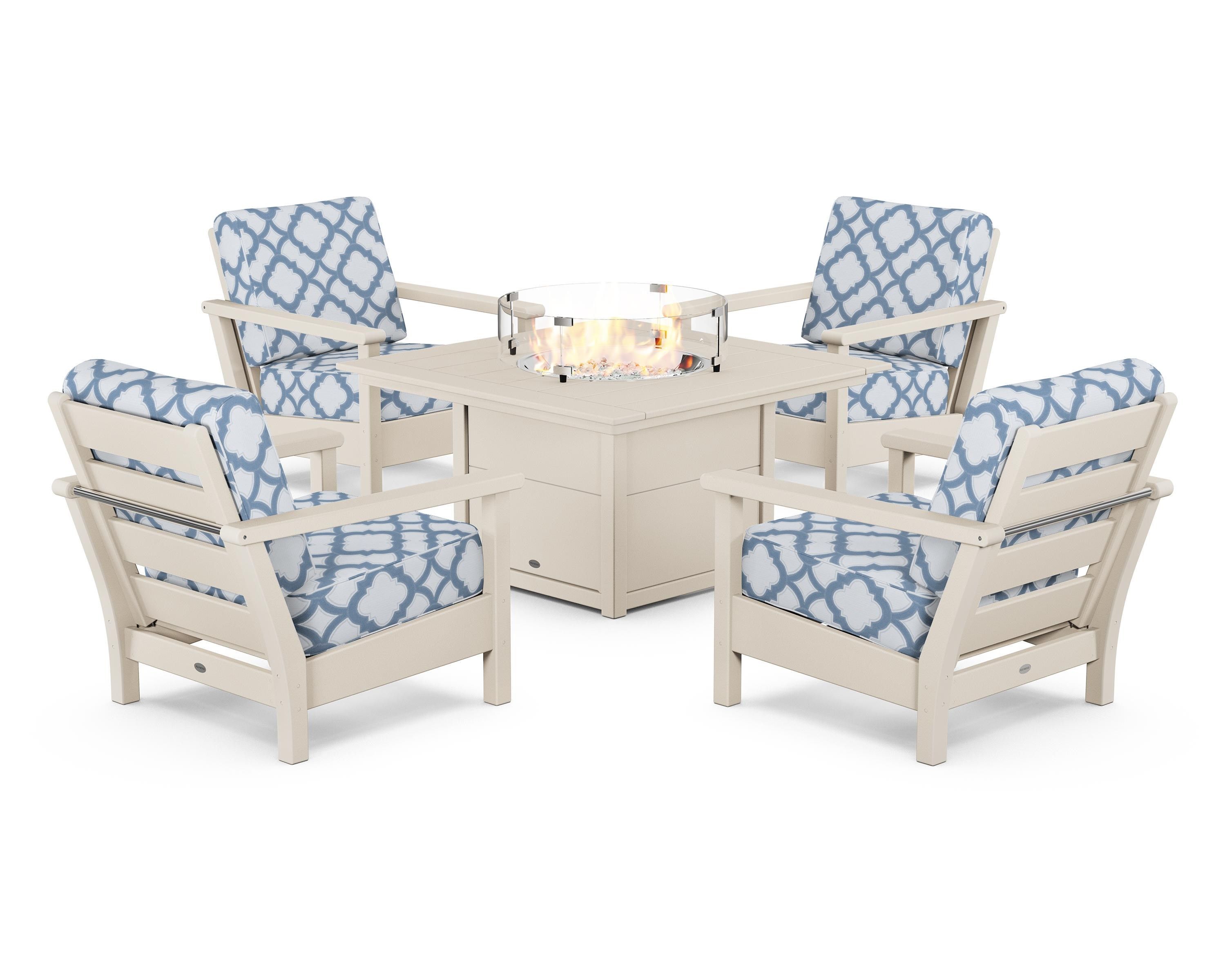 POLYWOOD® Harbour 5-Piece Conversation Set with Fire Pit Table in Sand / Trellis Sky Blue