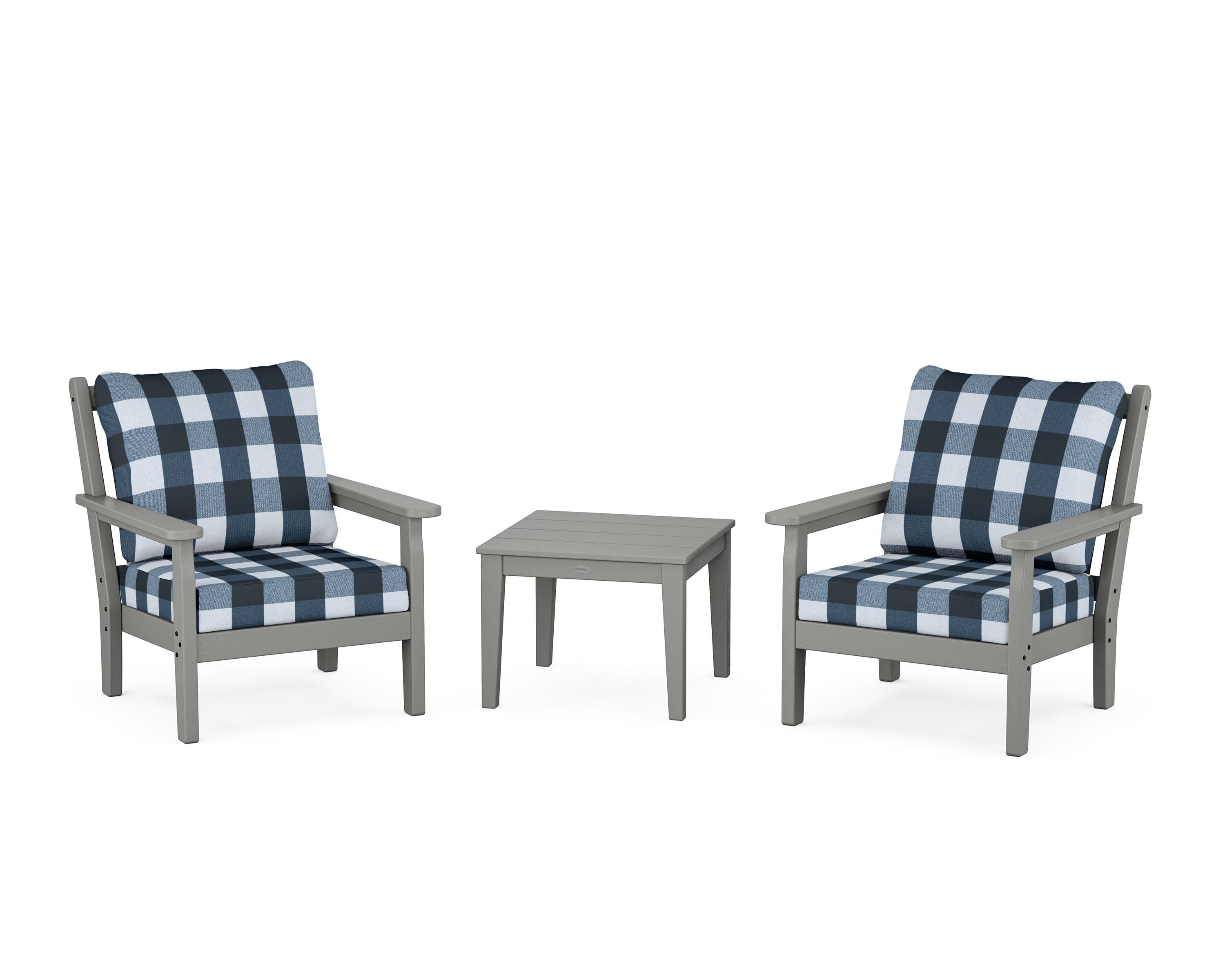 POLYWOOD® Chippendale 3-Piece Deep Seating Set in Slate Grey / Buffalo Plaid Marine Indigo
