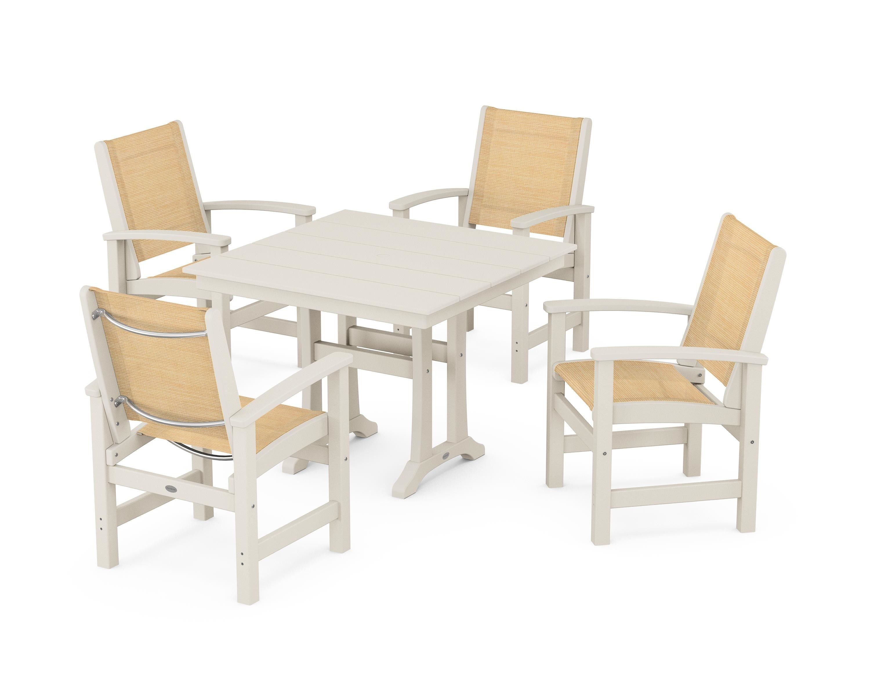 POLYWOOD® Coastal 5-Piece Farmhouse Dining Set With Trestle Legs in Sand / Dupioni Apricot Sling