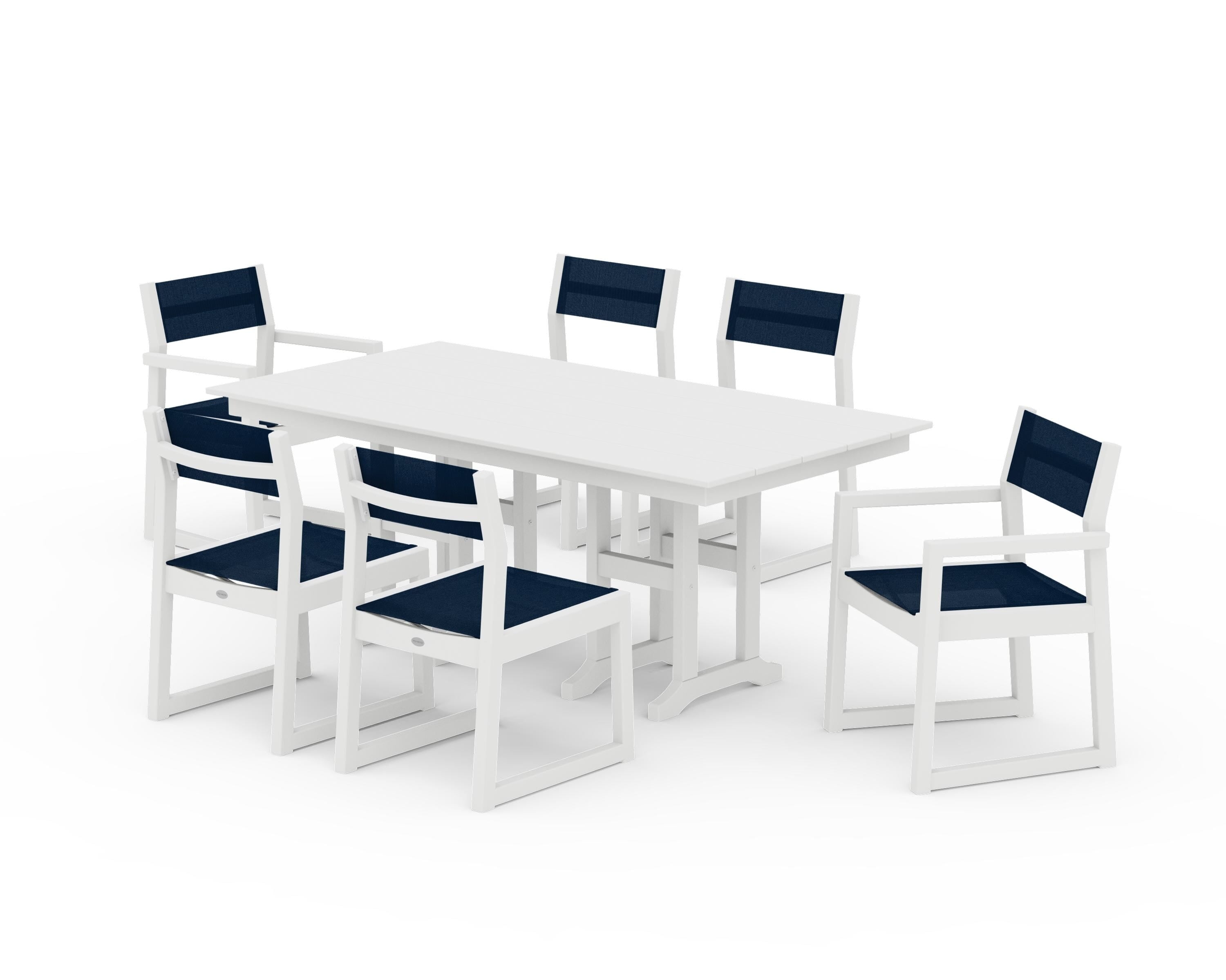 POLYWOOD® EDGE Sling 7-Piece Farmhouse Dining Set in White / Navy Blue Sling