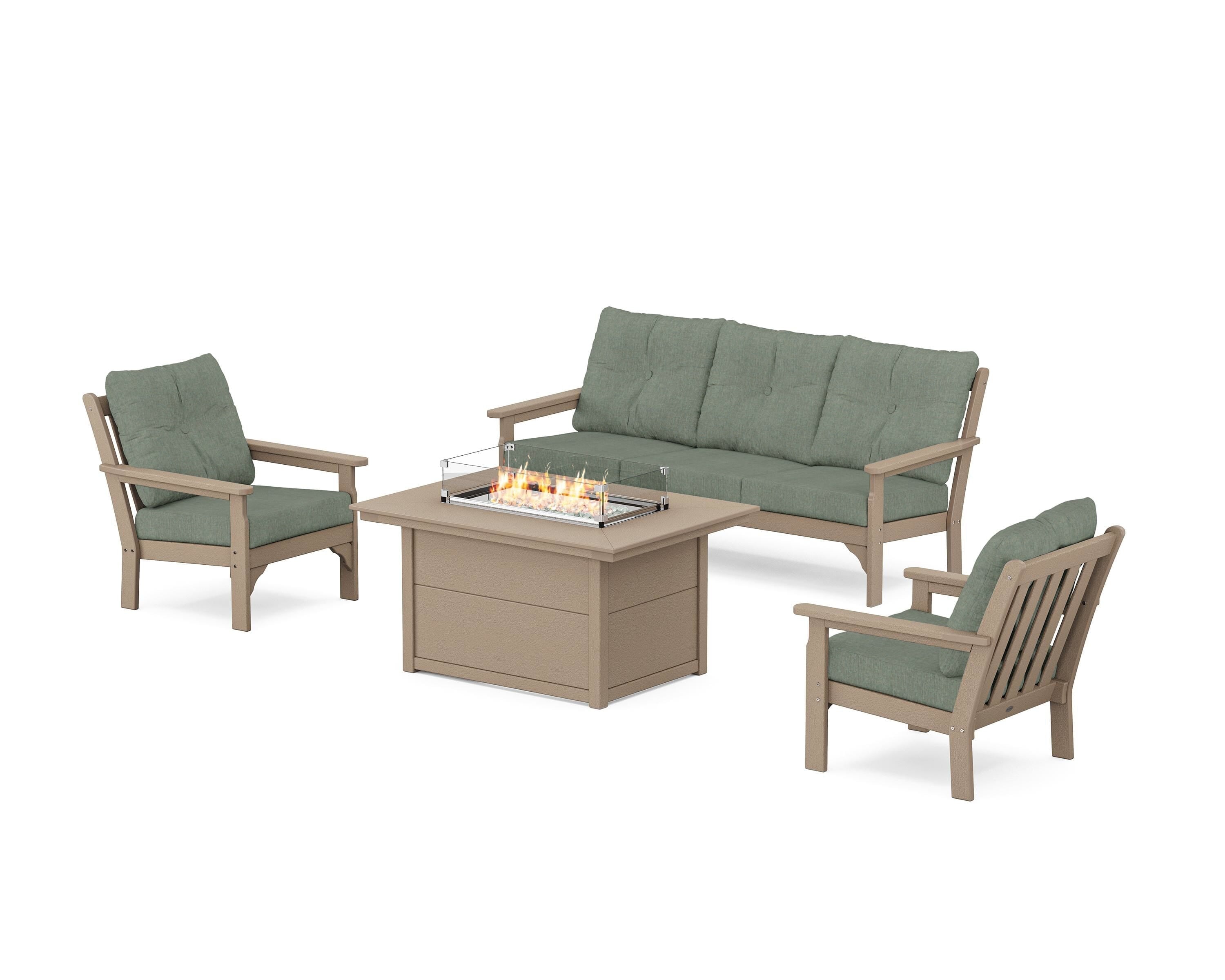 POLYWOOD® Vineyard Deep Seating Fire Pit Table Set in Vintage Sahara / Cast Sage