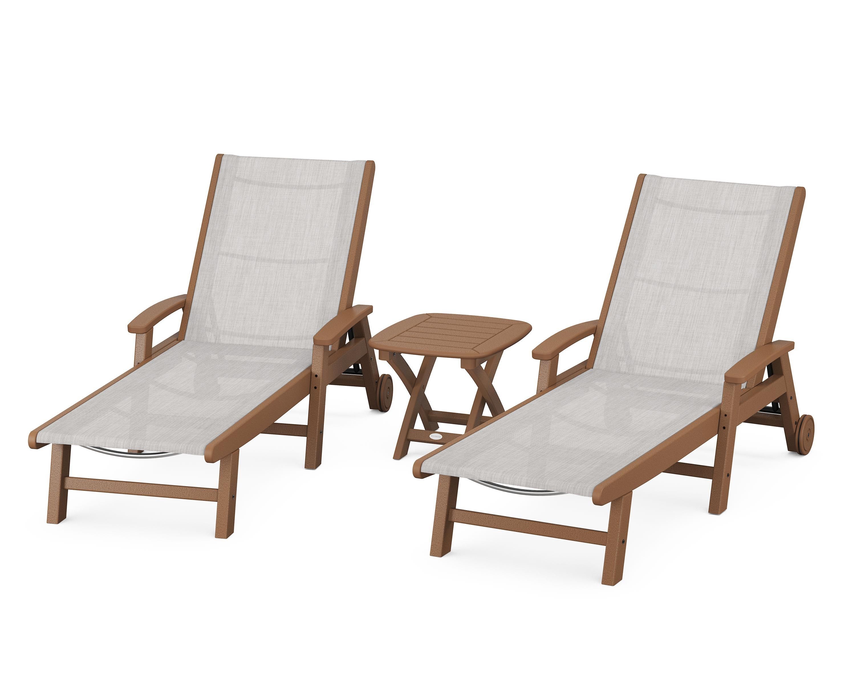 POLYWOOD® Coastal 3-Piece Wheeled Chaise Set in Teak / Parchment Sling