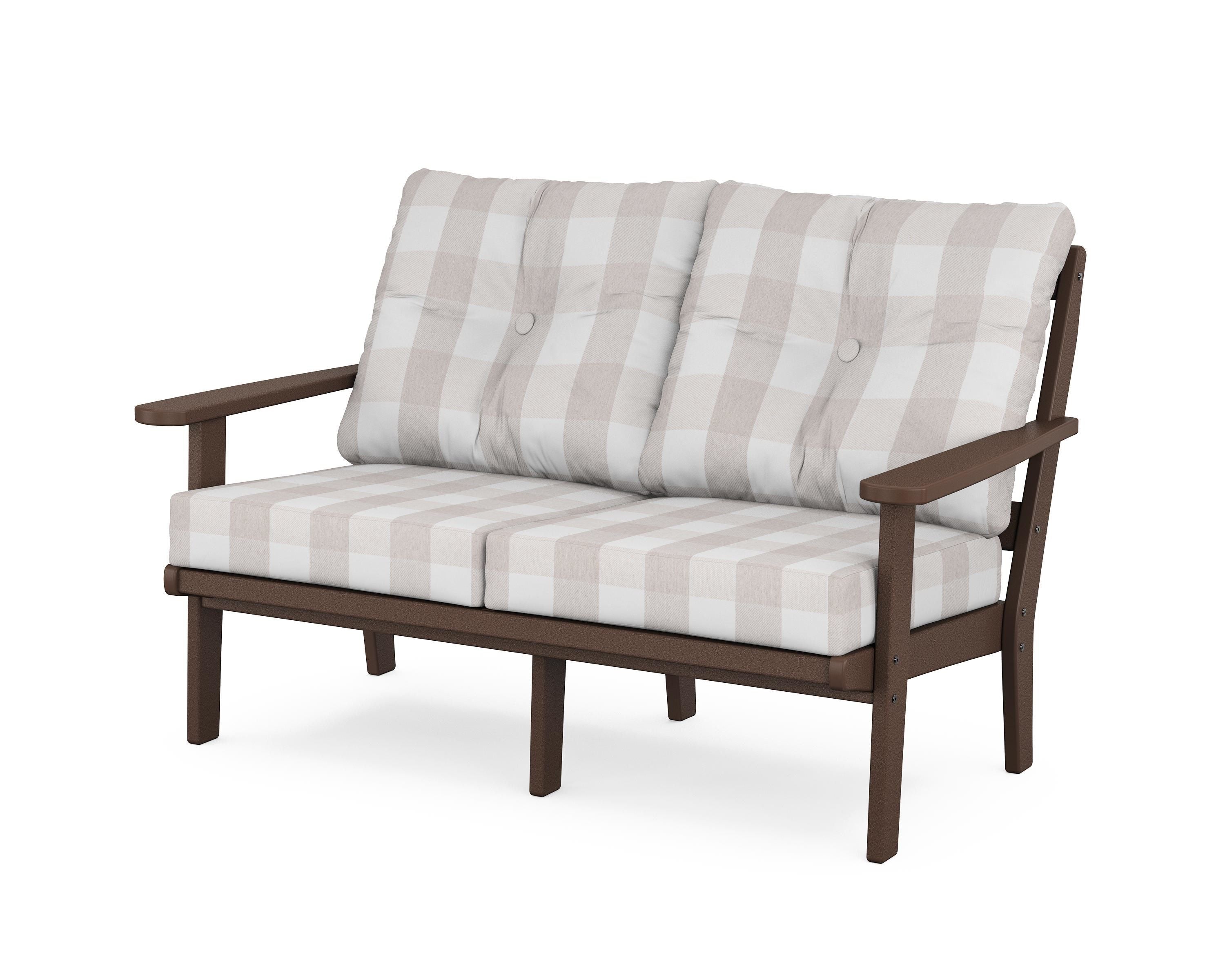 POLYWOOD® Mission Deep Seating Loveseat in Mahogany / Buffalo Plaid Dune Burlap