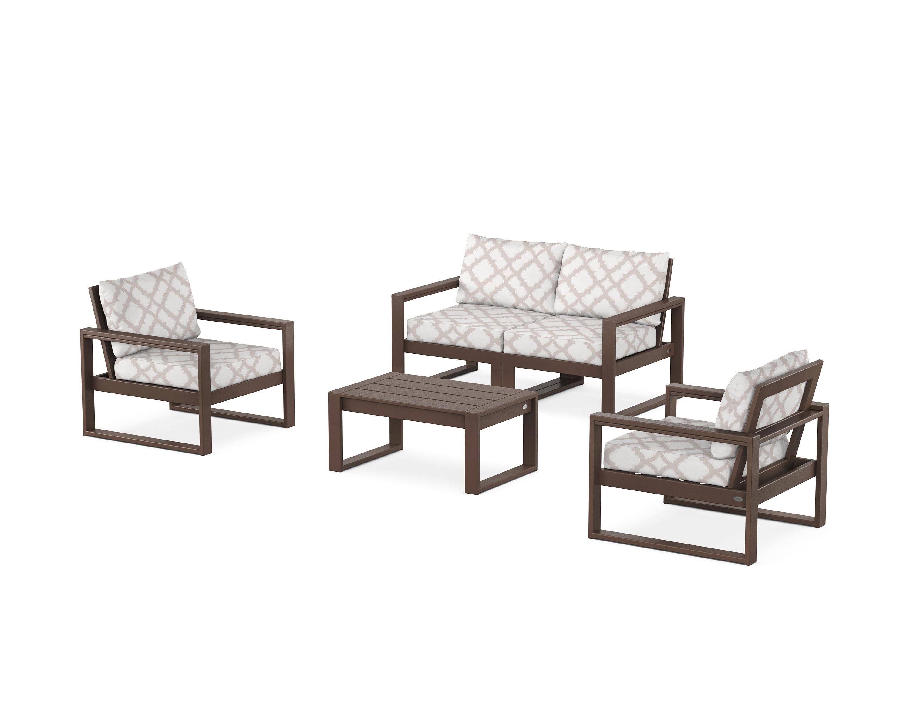 POLYWOOD® EDGE Sectional 4-Piece Deep Seating Set with Loveseat in Mahogany / Trellis Dune Burlap