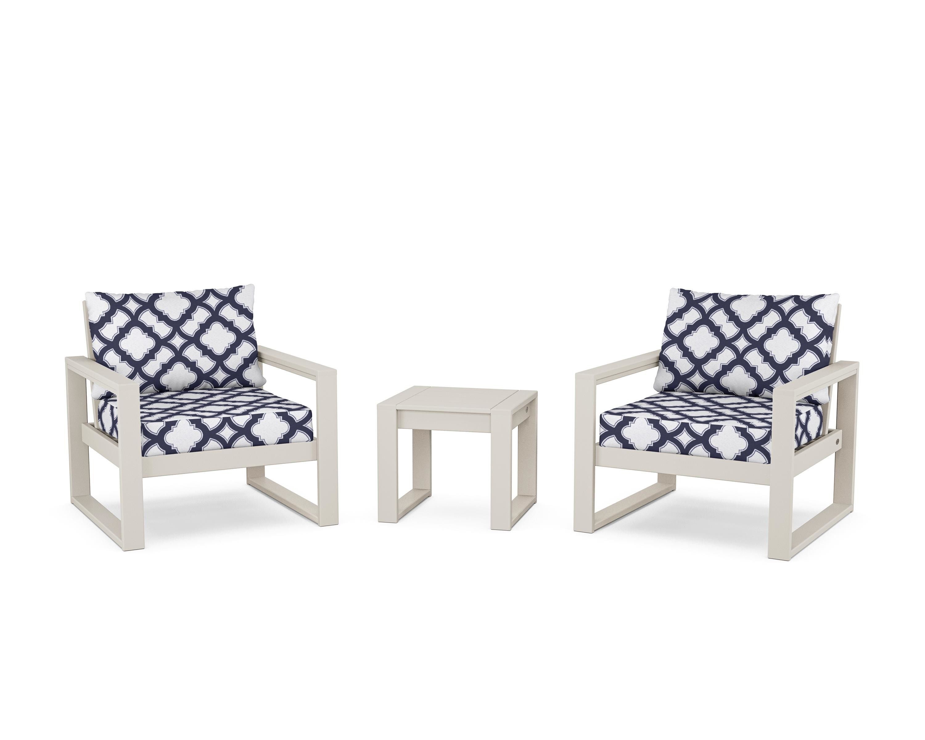 POLYWOOD® EDGE Sectional 3-Piece Deep Seating Set in Sand / Trellis Navy