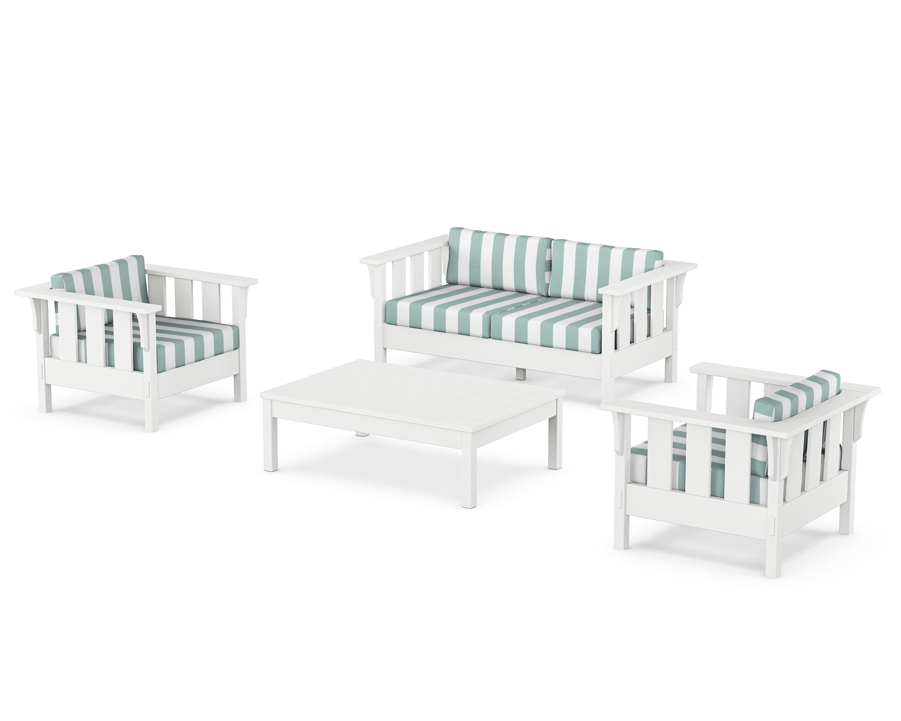 Martha Stewart by POLYWOOD® Acadia 4-Piece Deep Seating Set with Loveseat in White / Cabana Stripe Glacier Spa