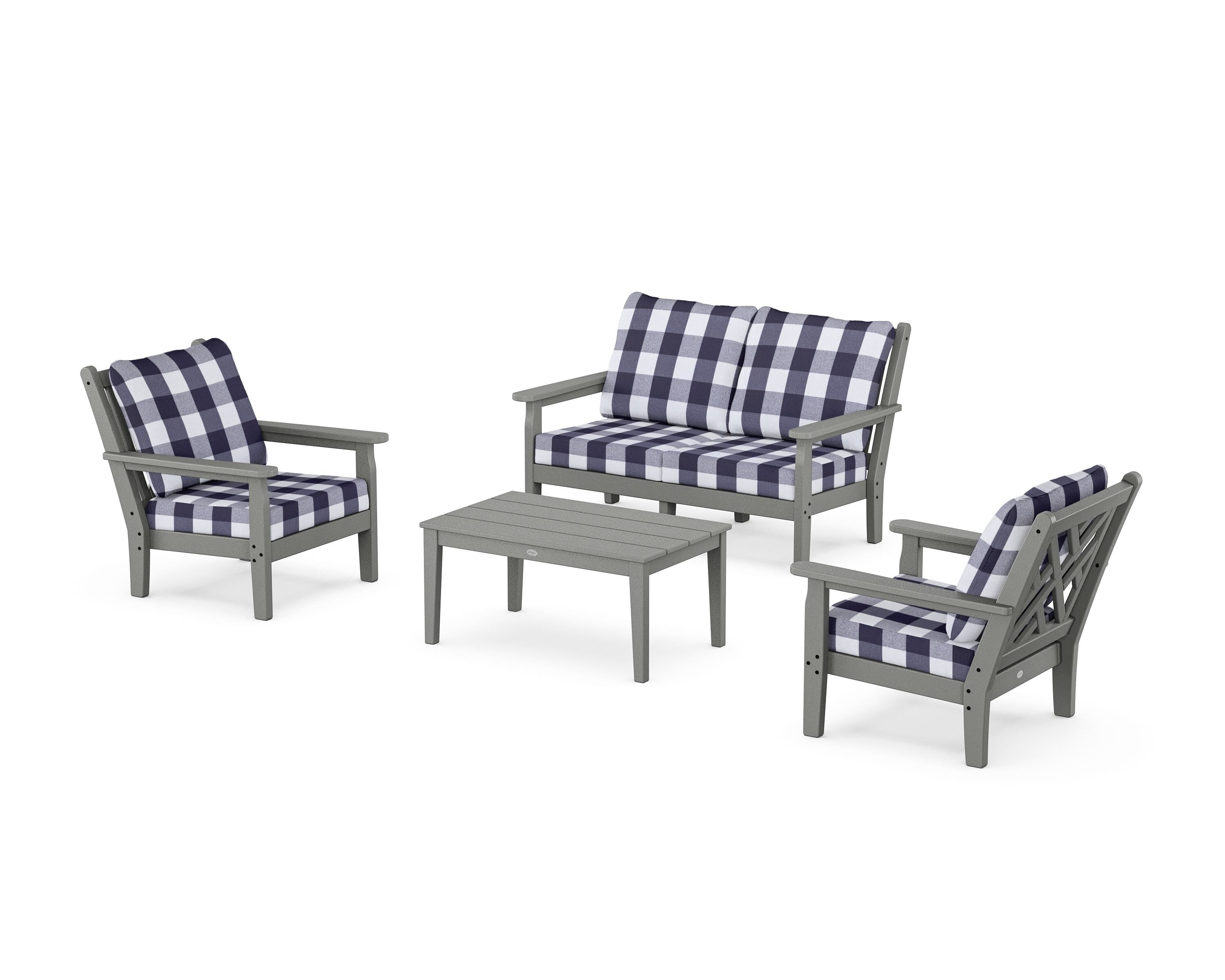 POLYWOOD® Chippendale 4-Piece Deep Seating Set with Loveseat in Slate Grey / Buffalo Plaid Navy
