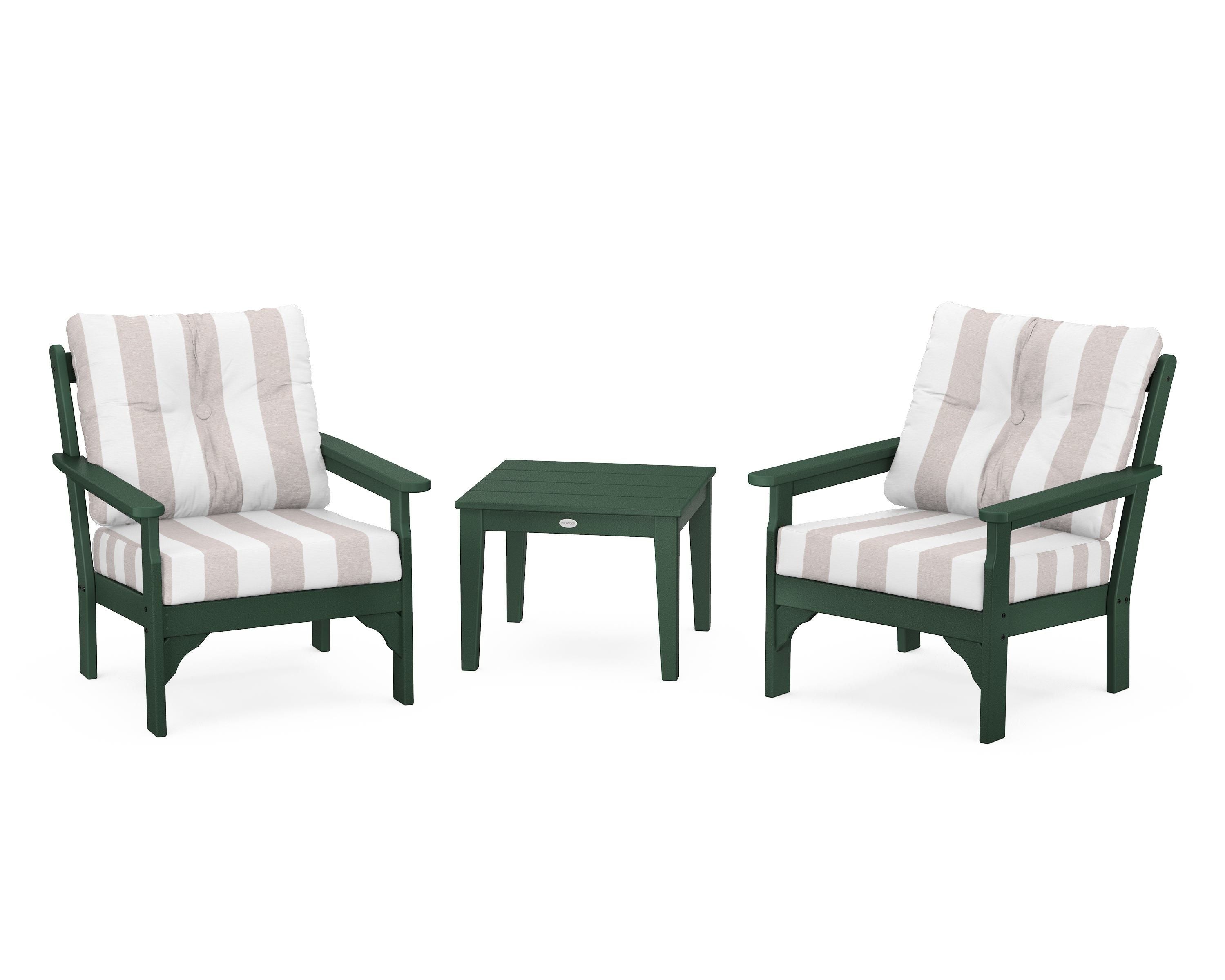POLYWOOD® Vineyard 3-Piece Deep Seating Set in Green / Cabana Stripe Dune Burlap