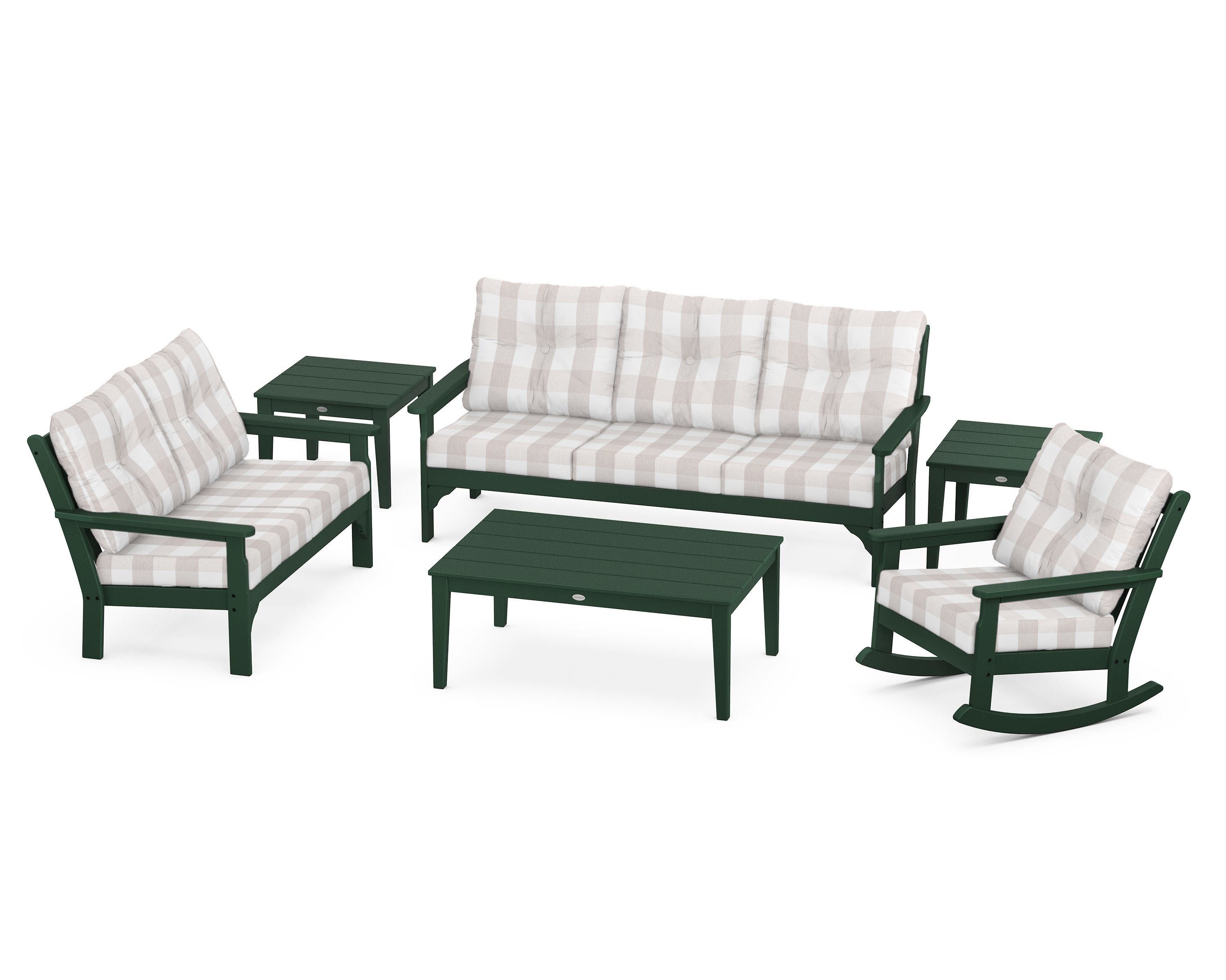 POLYWOOD® Vineyard 6-Piece Deep Seating Set in Green / Buffalo Plaid Dune Burlap