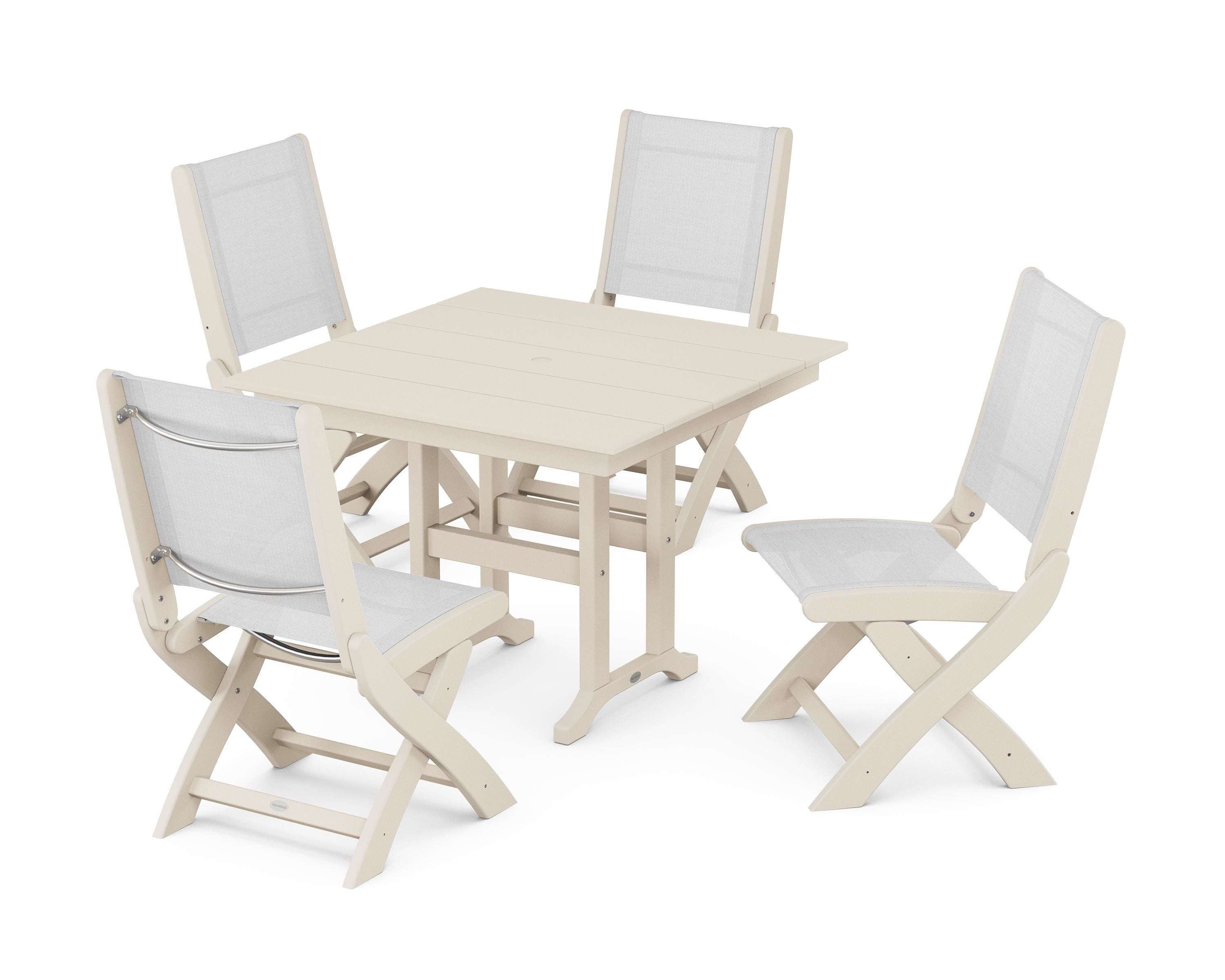 POLYWOOD® Coastal Folding Side Chair 5-Piece Farmhouse Dining Set in Sand / White Sling