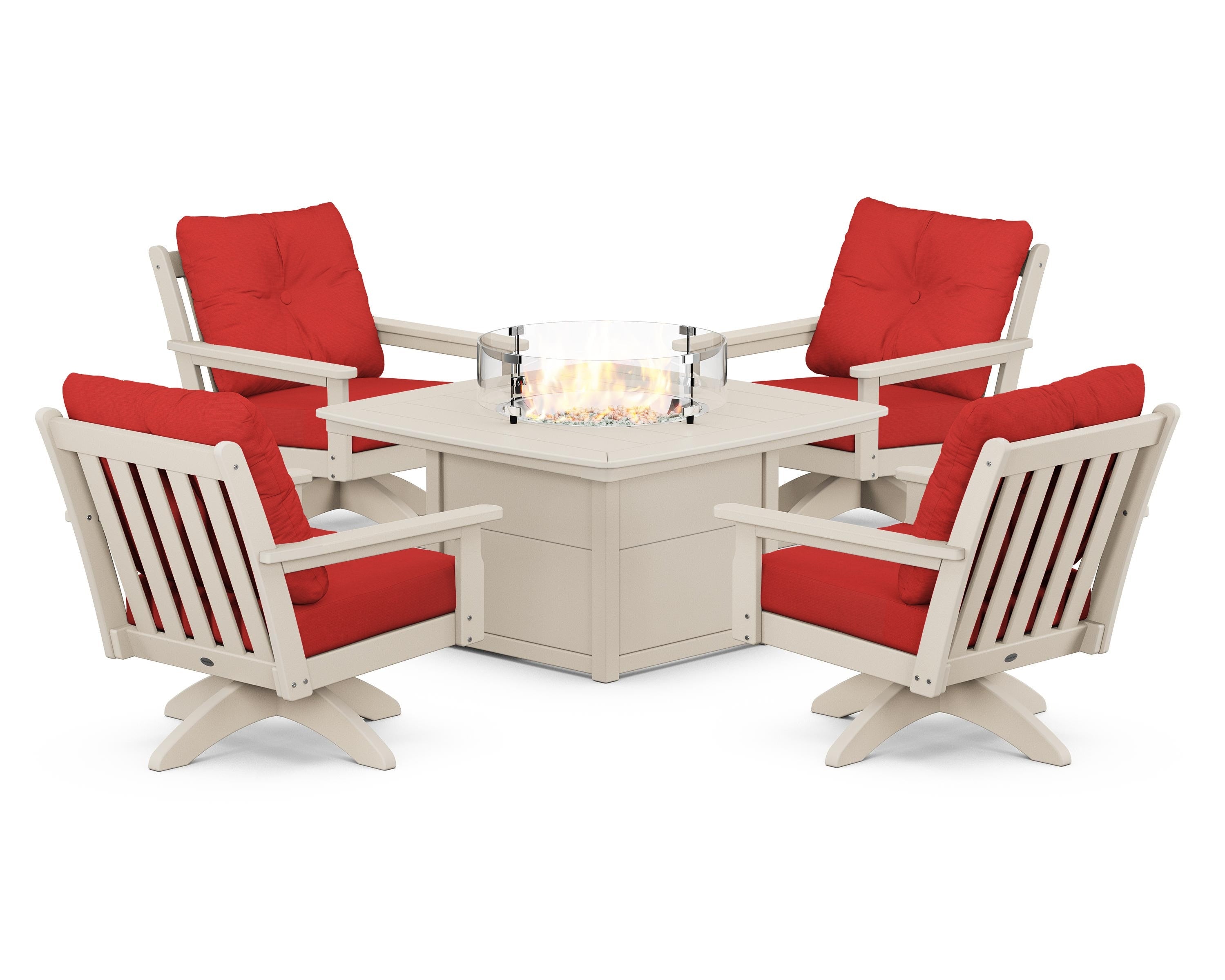 POLYWOOD® Vineyard 5-Piece Deep Seating Swivel Conversation Set with Fire Pit Table in Sand / Crimson Linen