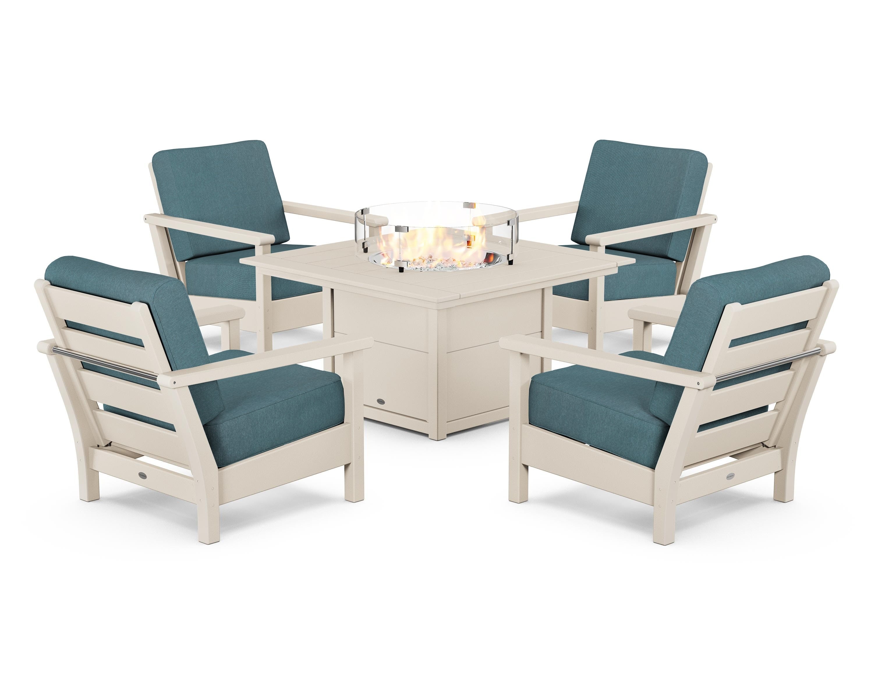POLYWOOD® Harbour 5-Piece Conversation Set with Fire Pit Table in Sand / Ocean Teal