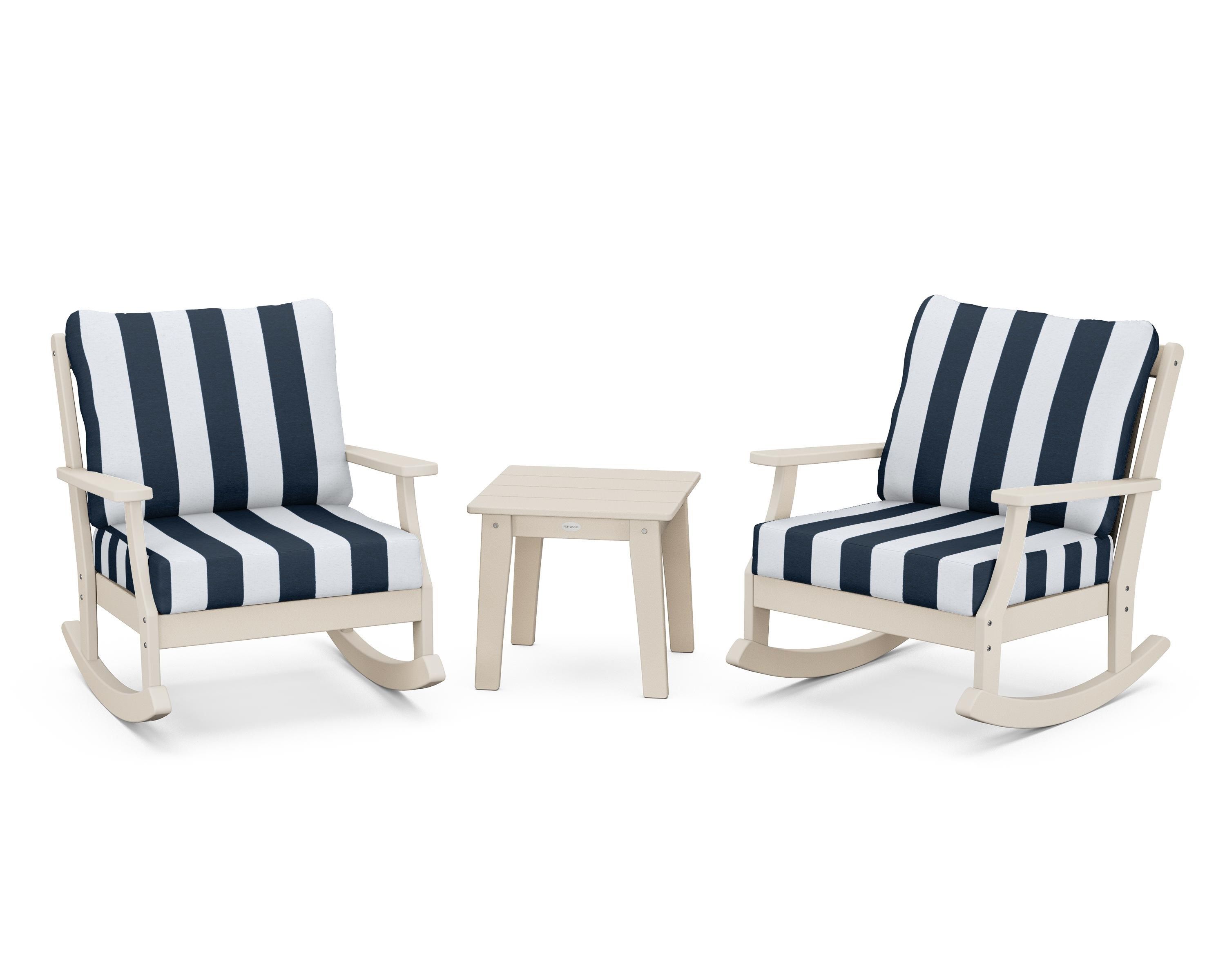 POLYWOOD® Braxton 3-Piece Deep Seating Rocker Set in Sand / Cabana Stripe Marine Indigo