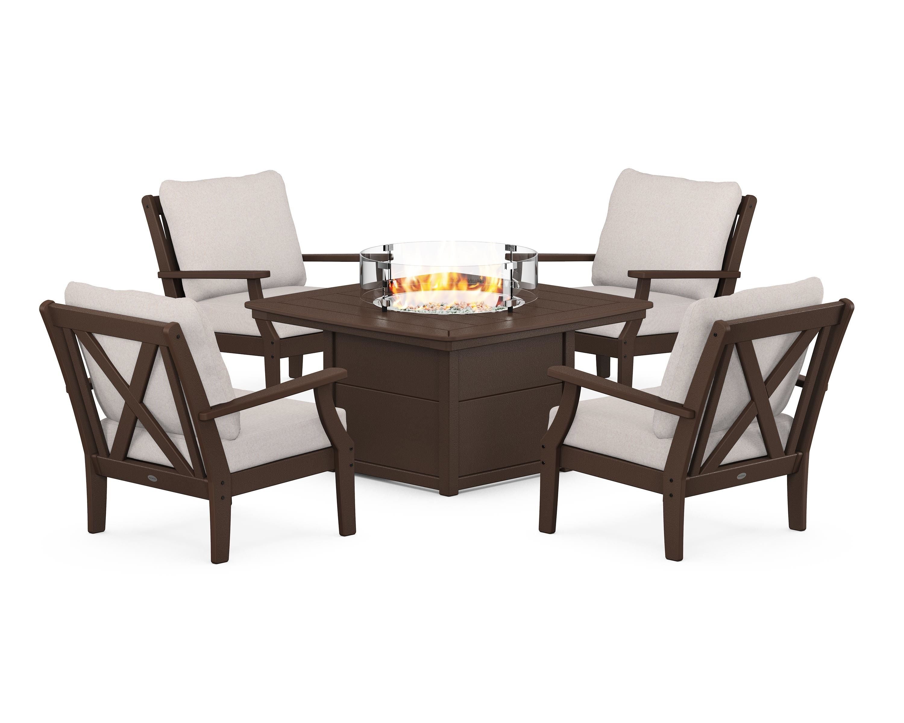 POLYWOOD® Braxton 5-Piece Deep Seating Conversation Set with Fire Pit Table in Mahogany / Dune Burlap