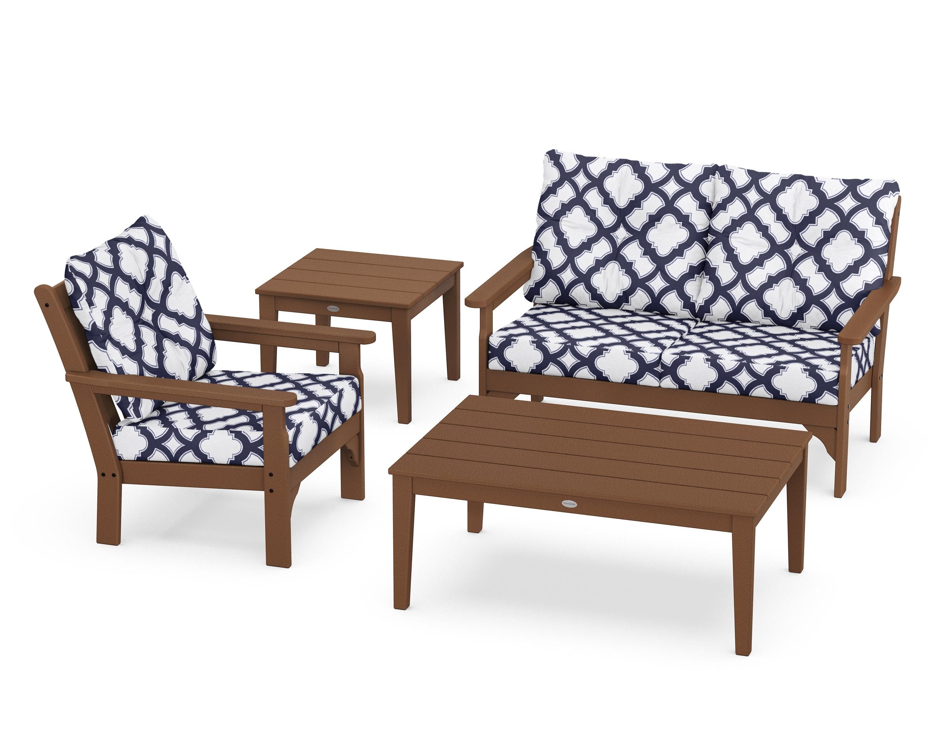 POLYWOOD® Vineyard 4-Piece Deep Seating Set in Teak / Trellis Navy