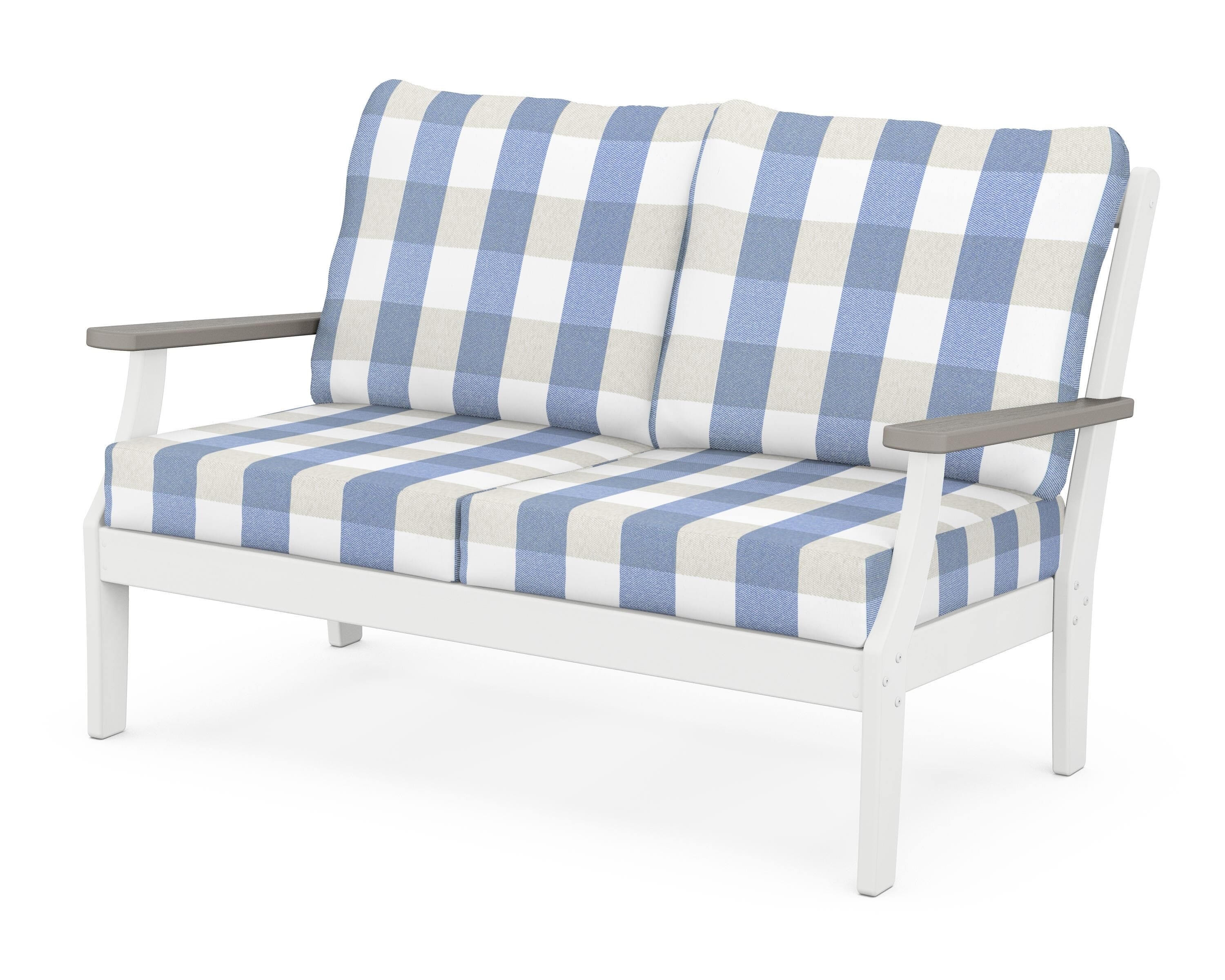 POLYWOOD® Braxton Deep Seating Loveseat in White / Driftwood / Buffalo Plaid Sky Blue