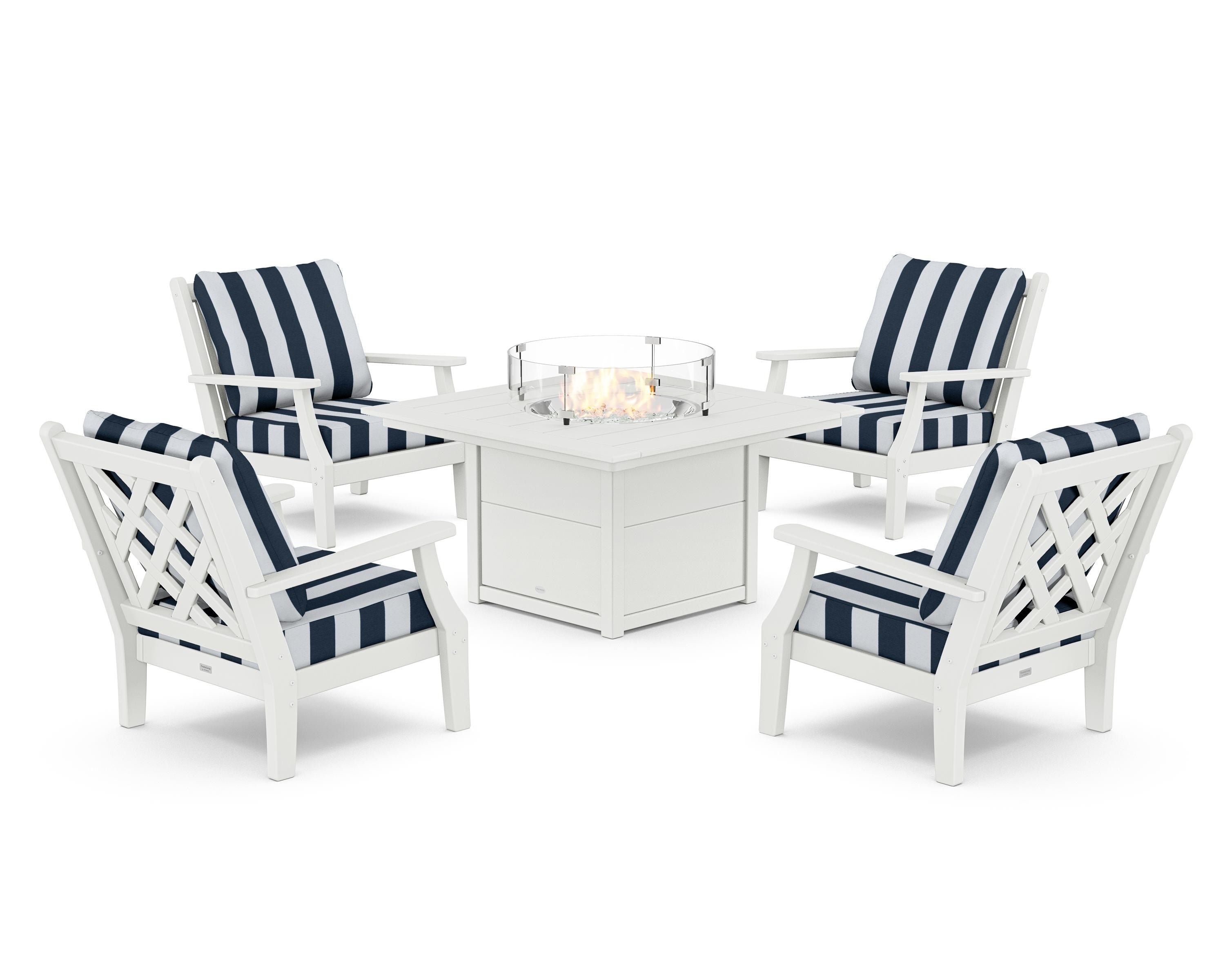 Country Living Wovendale 5-Piece Deep Seating Set with Fire Pit Table in White / Cabana Stripe Marine Indigo