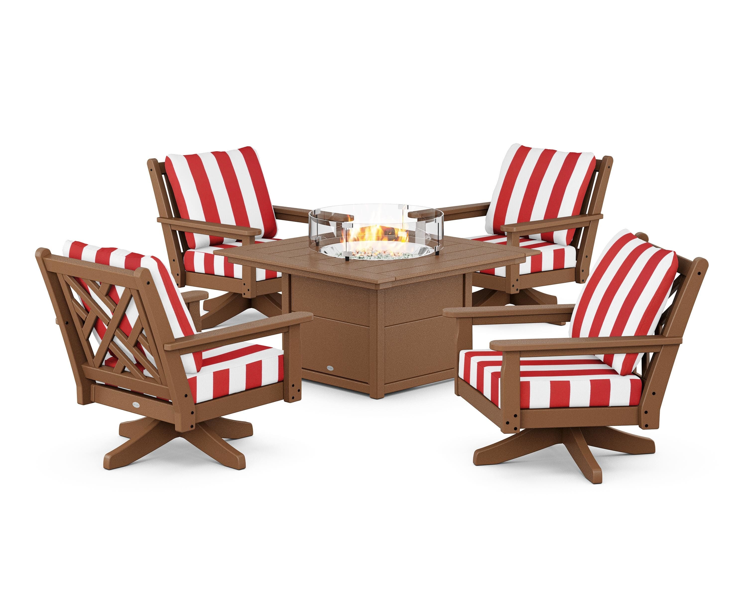 POLYWOOD® Chippendale 5-Piece Deep Seating Swivel Conversation Set with Fire Pit Table in Teak / Cabana Stripe Crimson