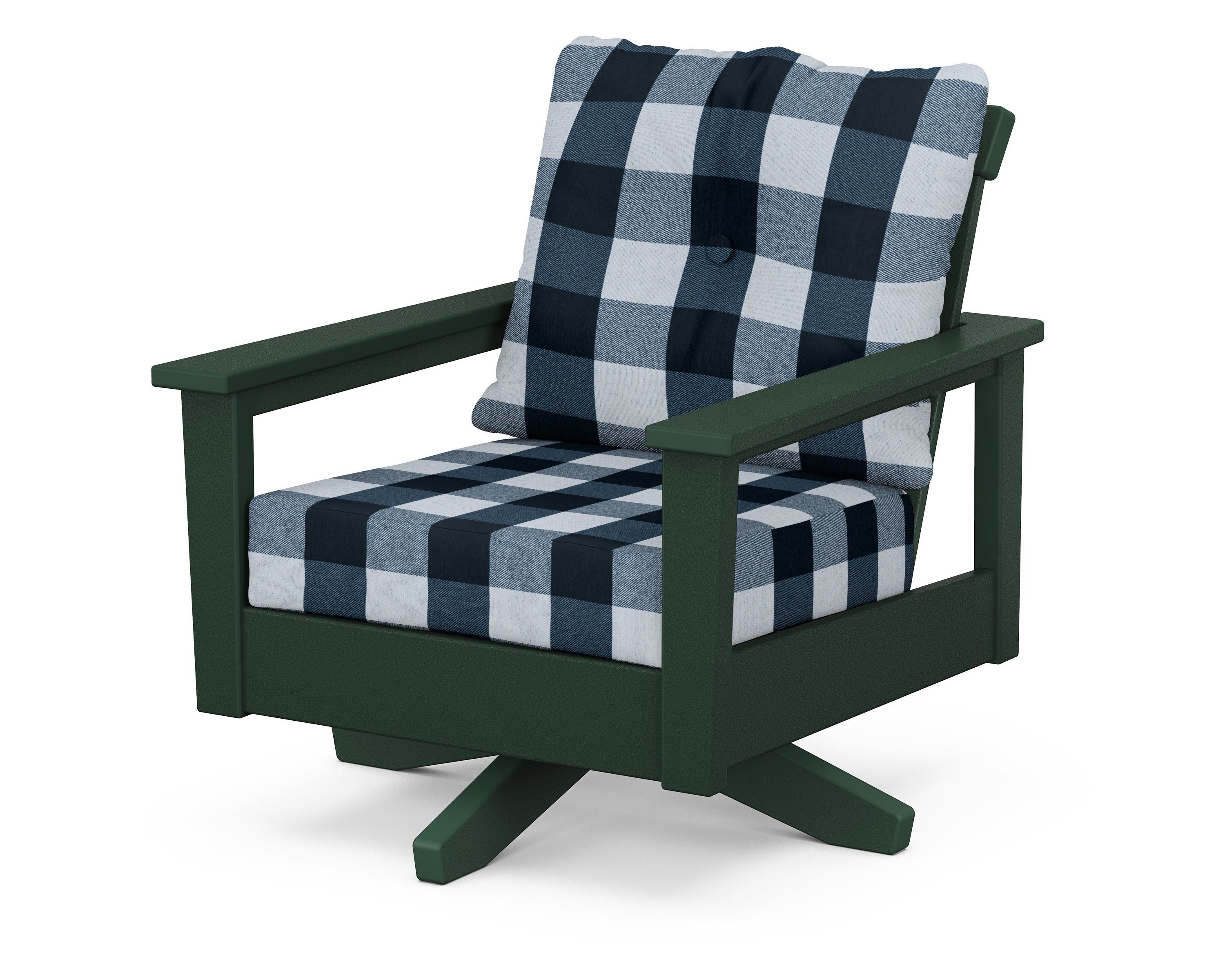 POLYWOOD® Prescott Deep Seating Swivel Chair in Green / Buffalo Plaid Marine Indigo