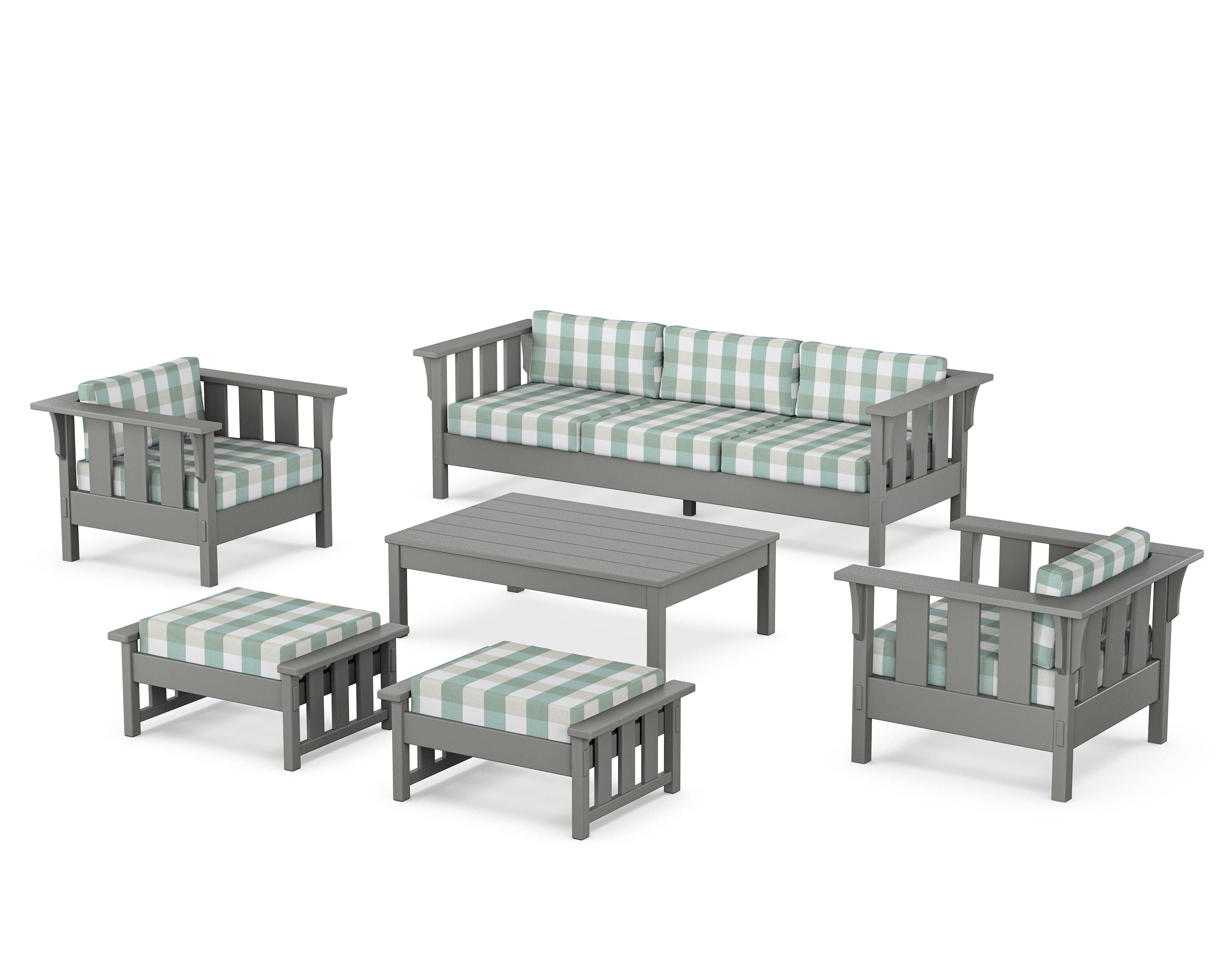 Martha Stewart by POLYWOOD® Acadia 6-Piece Lounge Sofa Set in Slate Grey / Buffalo Plaid Glacier Spa