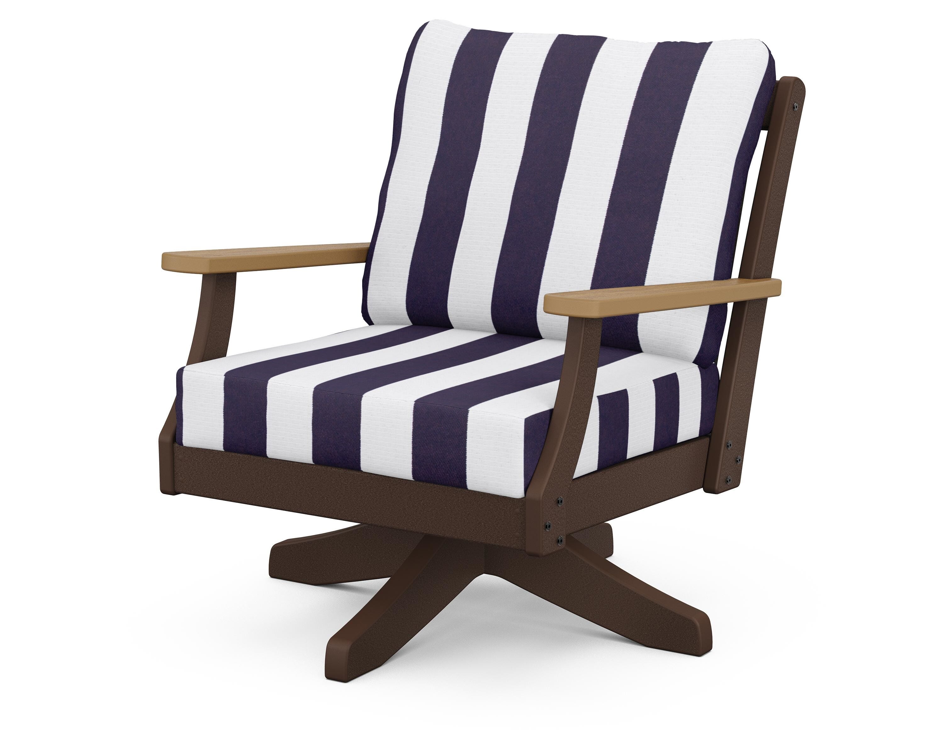 POLYWOOD® Braxton Deep Seating Swivel Chair in Mahogany / Natural / Cabana Stripe Navy