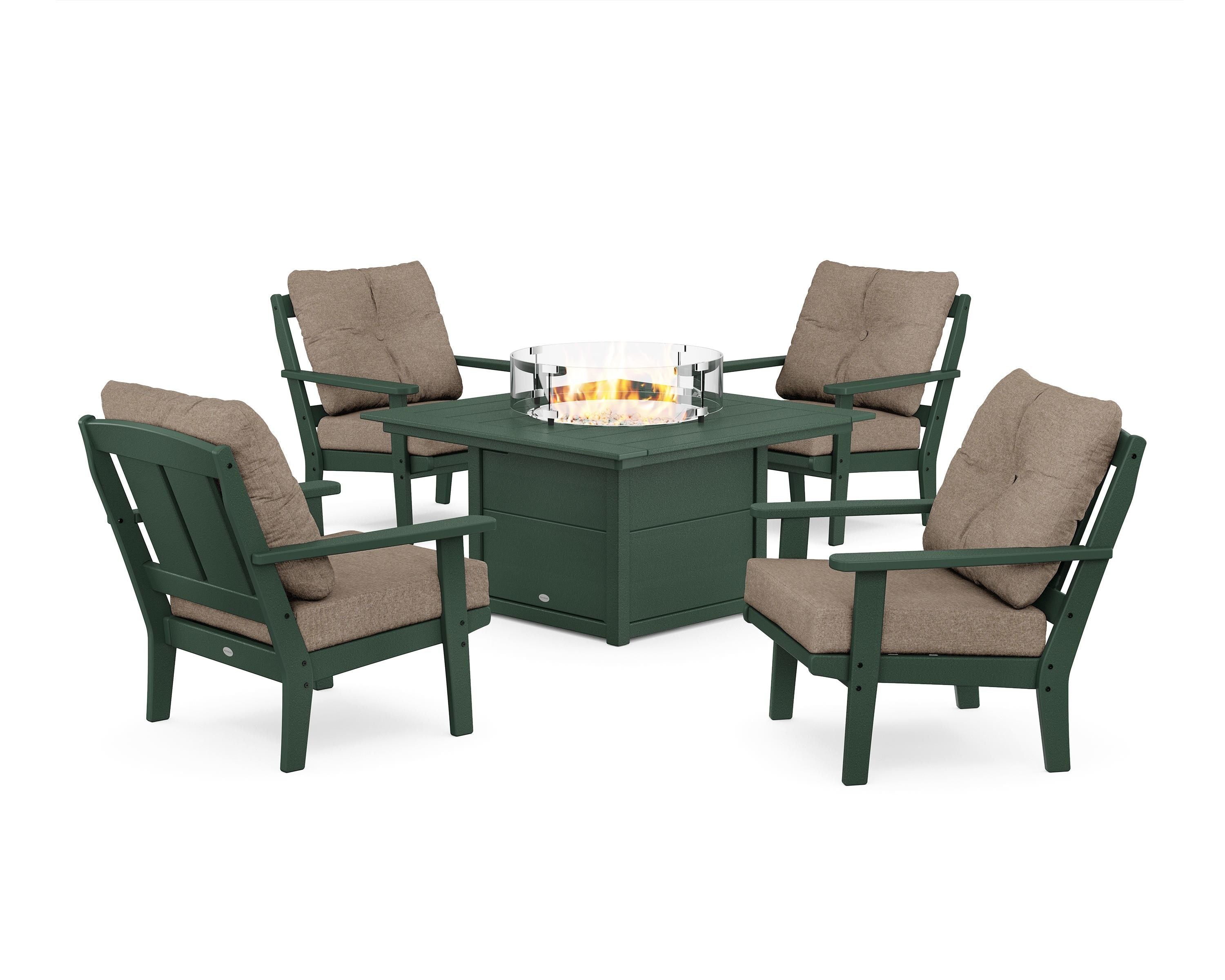 POLYWOOD® Mission 5-Piece Deep Seating Set with Fire Pit Table in Green / Spiced Burlap