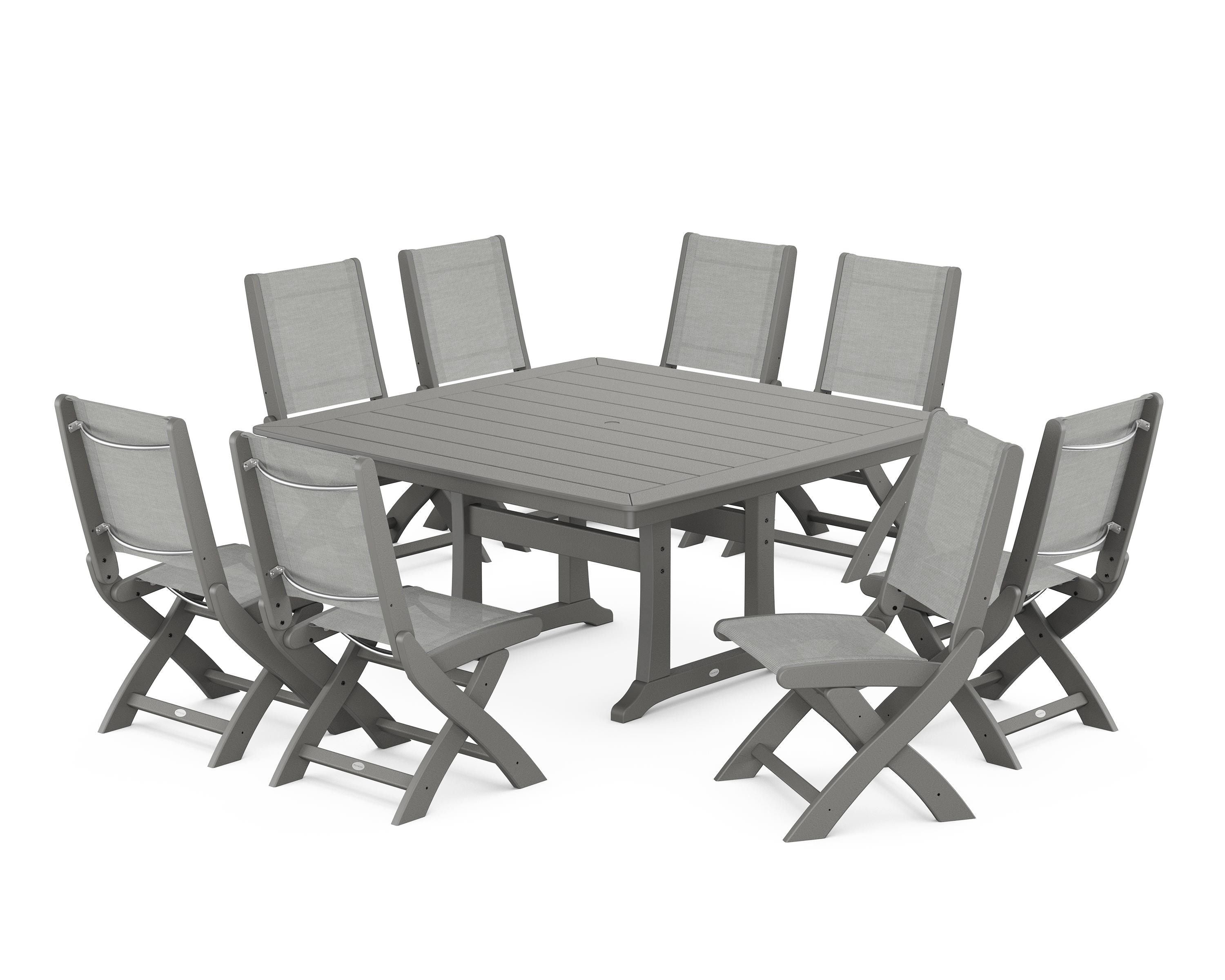 POLYWOOD® Coastal Folding Side Chair 9-Piece Dining Set with Trestle Legs in Slate Grey / Metallic Sling