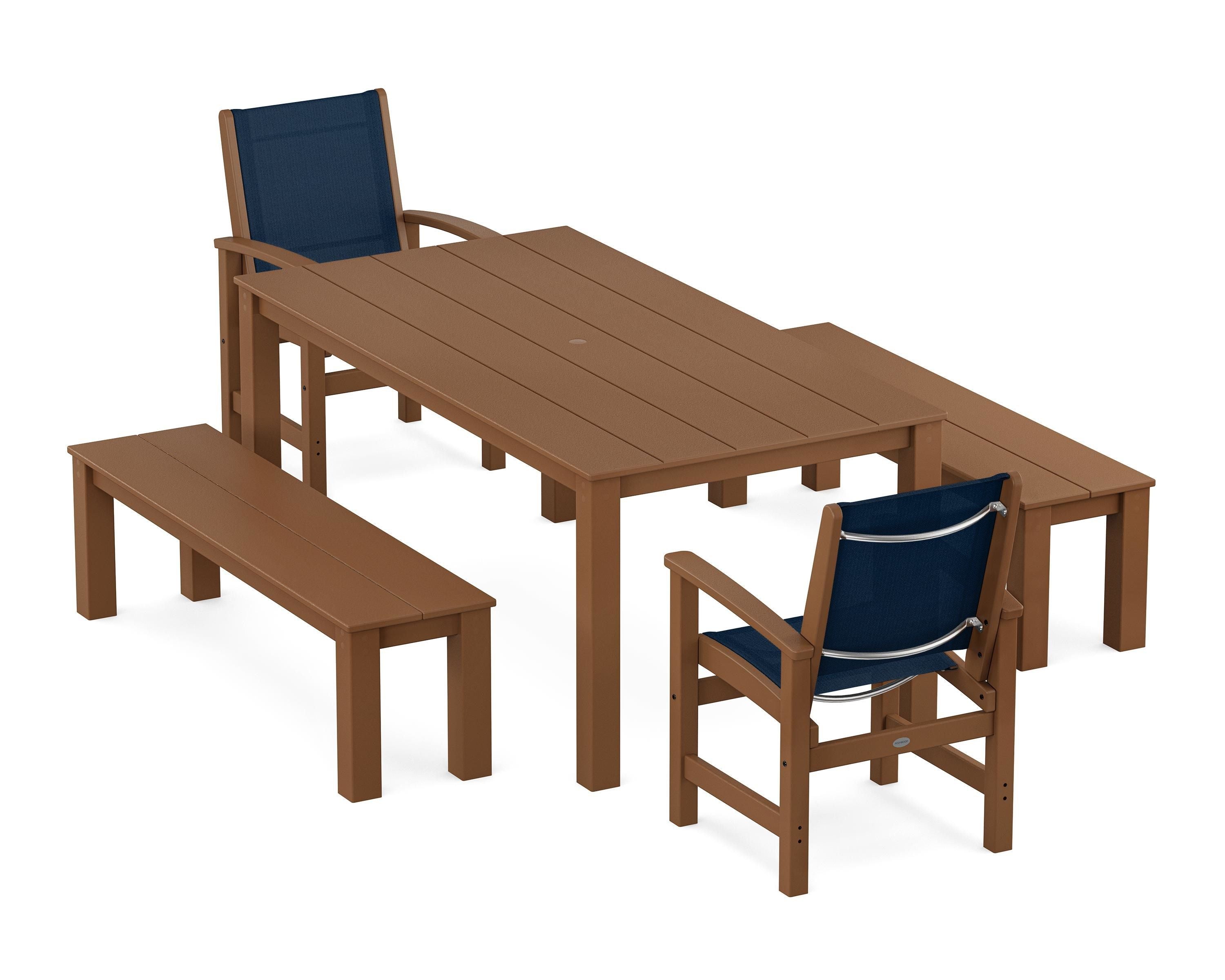 POLYWOOD® Coastal 5-Piece Parsons Dining Set with Benches in Teak / Navy Blue Sling
