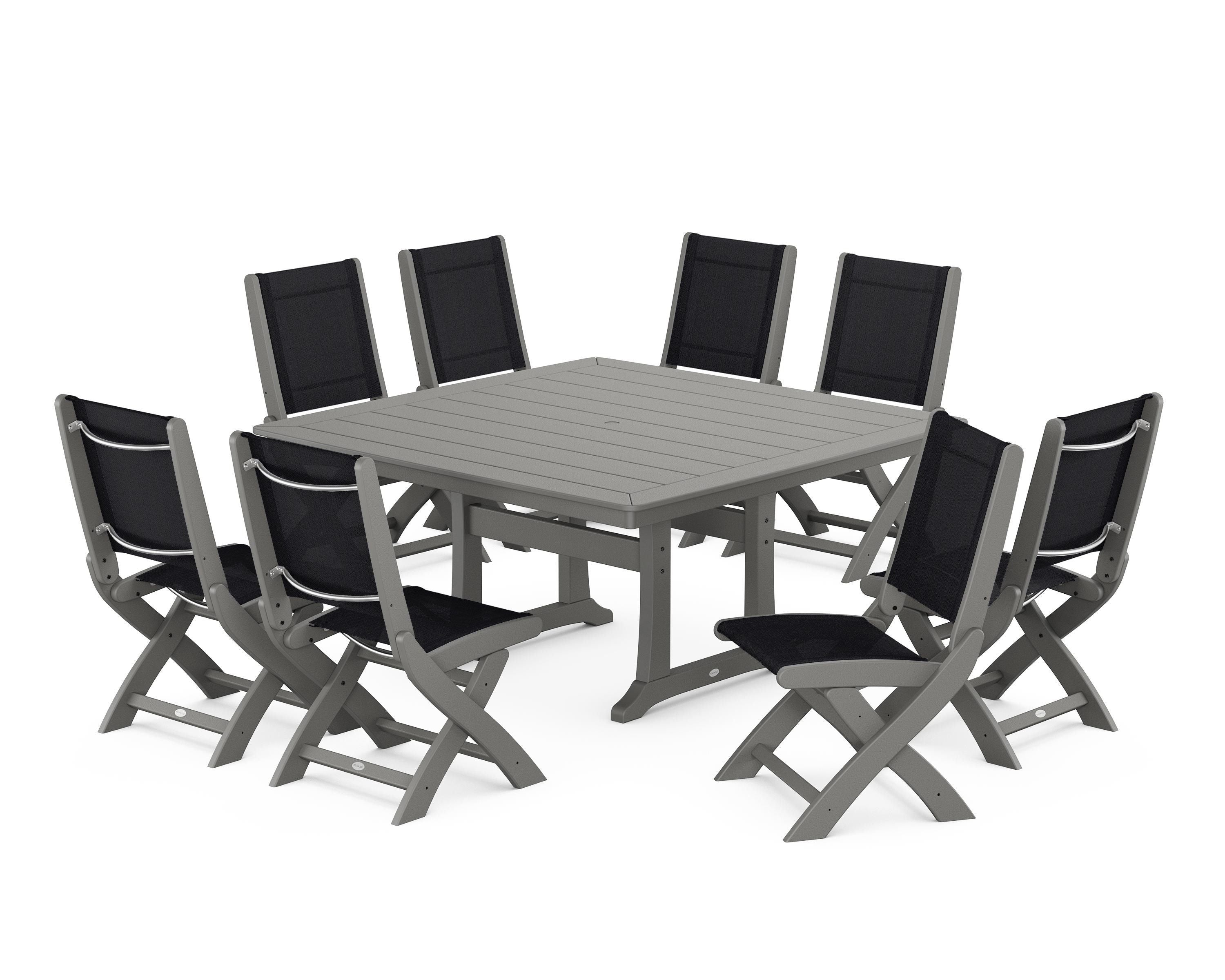 POLYWOOD® Coastal Folding Side Chair 9-Piece Dining Set with Trestle Legs in Slate Grey / Black Sling