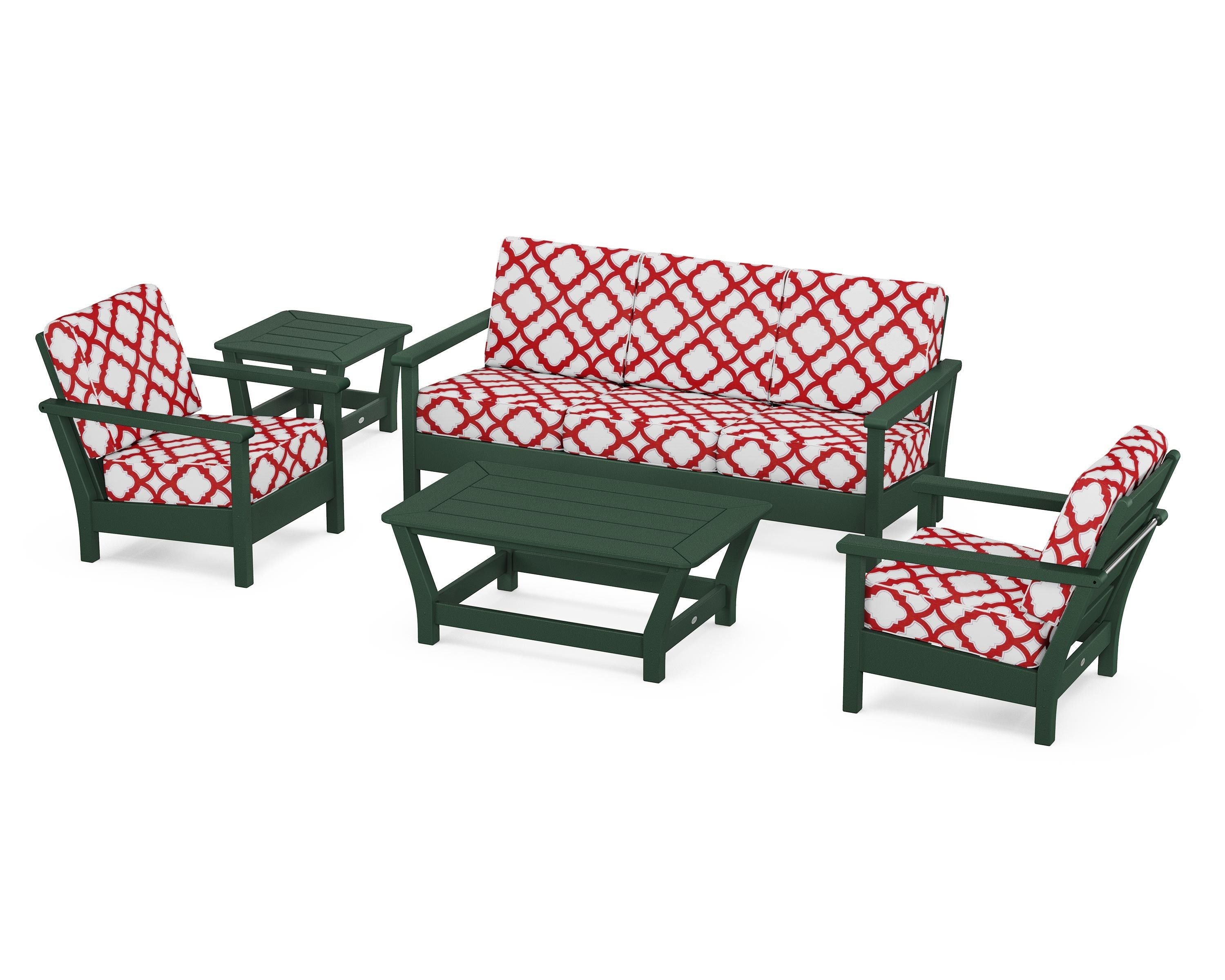 POLYWOOD® Harbour 5-Piece Deep Seating Set in Green / Trellis Crimson