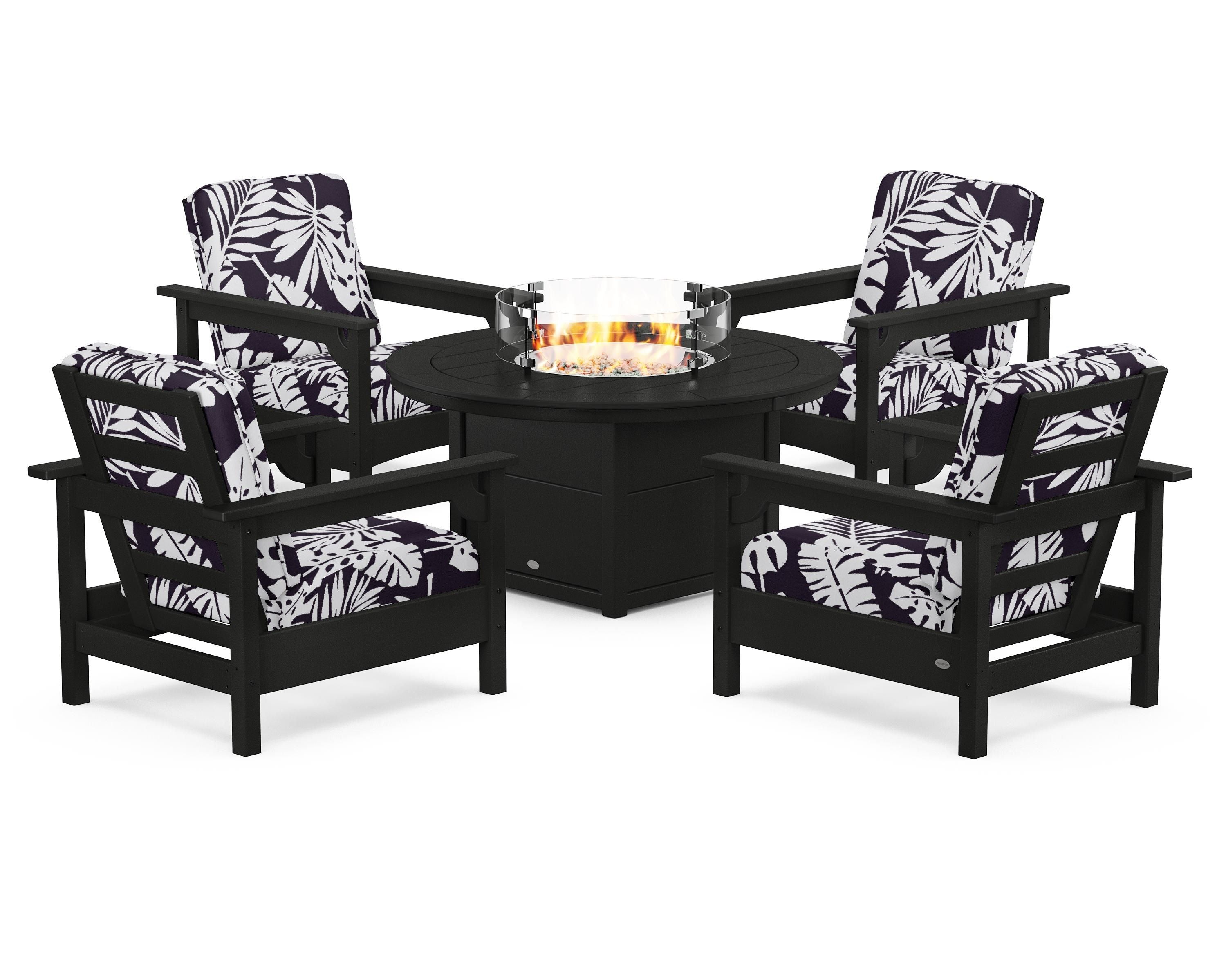 POLYWOOD® Club 5-Piece Conversation Set with Fire Pit Table in Black / Leaf Navy